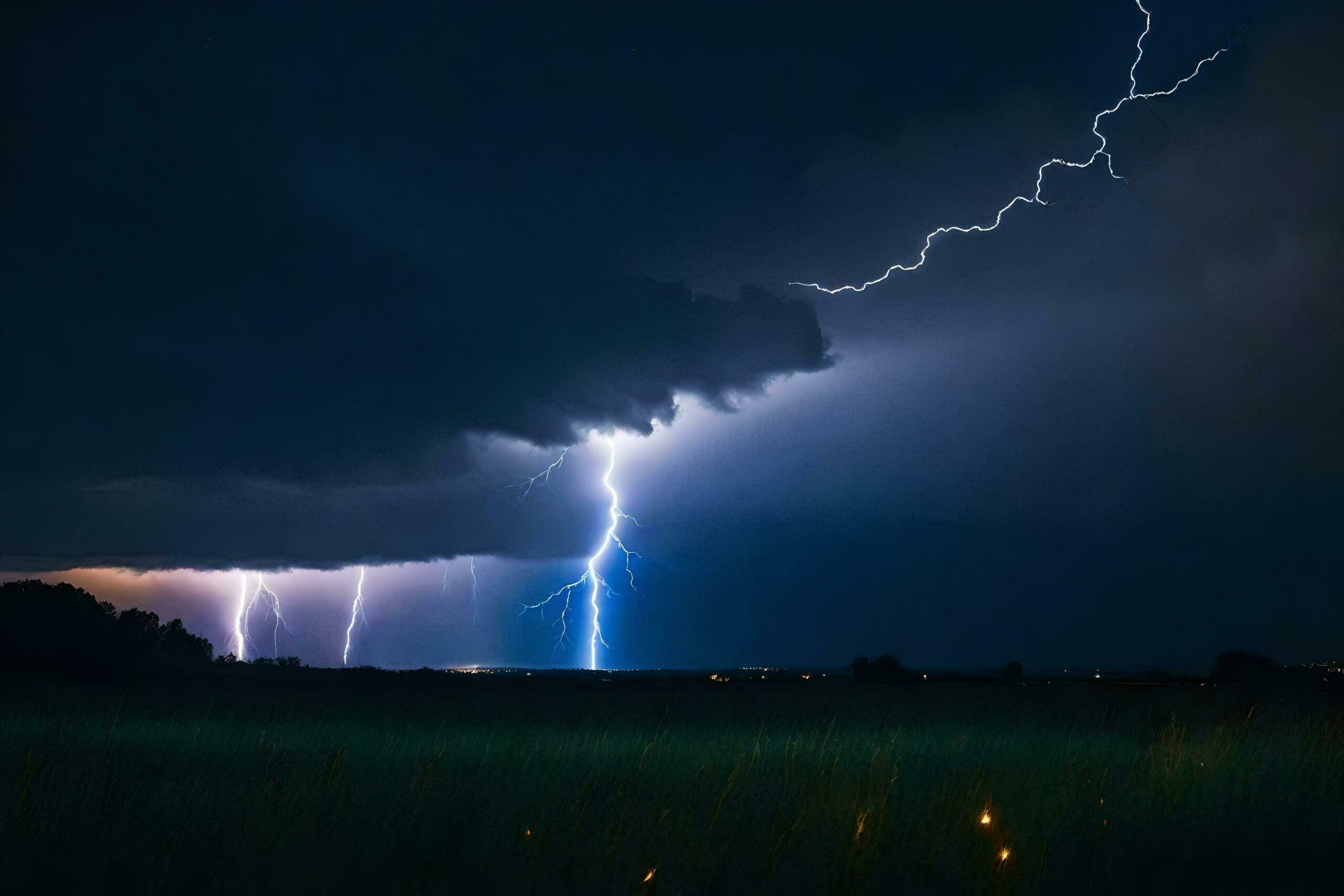 lightning strikes over a field in the dark Free Photo