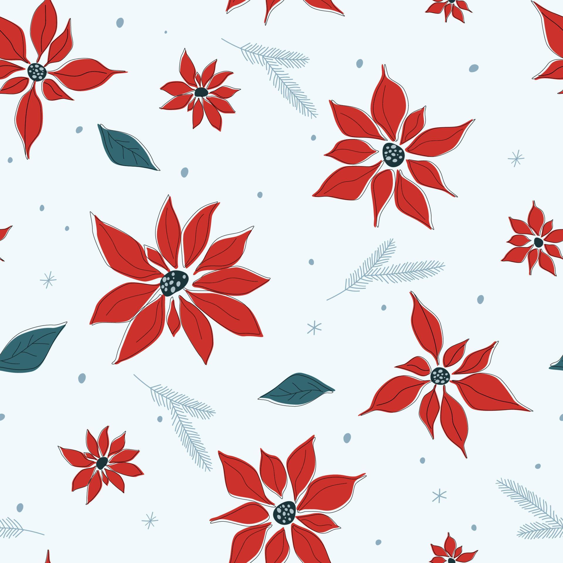 Seamless pattern with Christmas poinsettia flower. Winter New Year’s print with snowflakes. Vector graphics. Stock Free