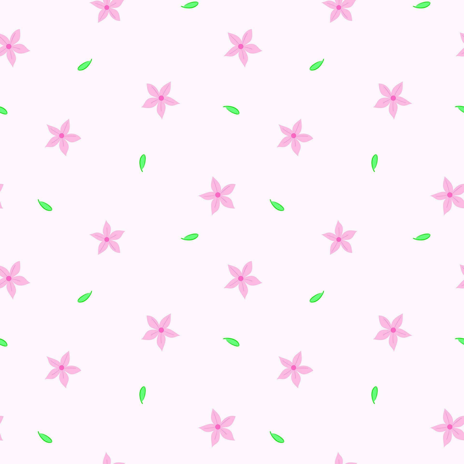 Seamless pattern with cute pink flower with five petals and small green leaves. Vector design for printing, wrapping paper, gift, or textile. Stock Free and Free SVG