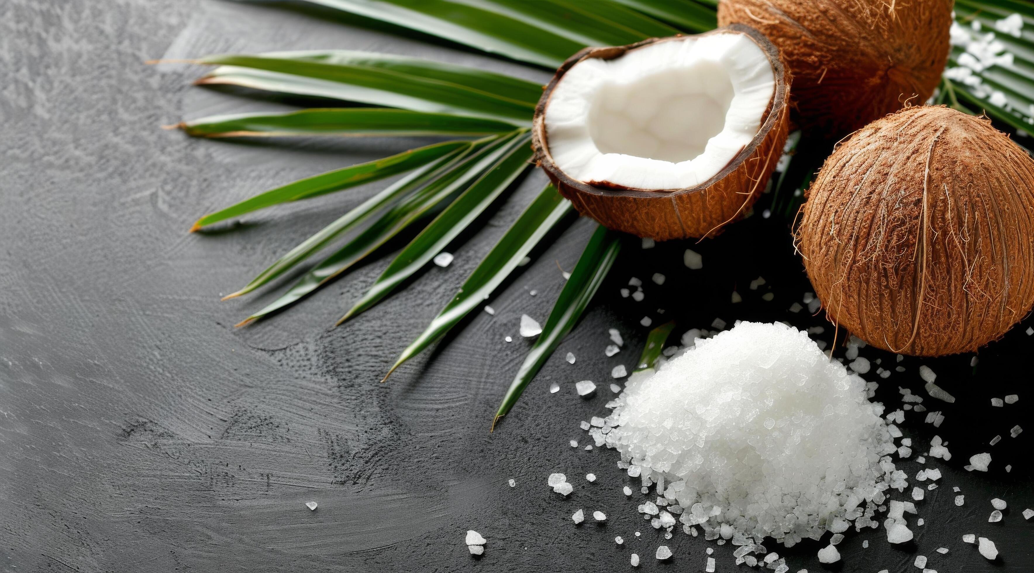 Coconuts and Palm Leaf on Black Background Stock Free