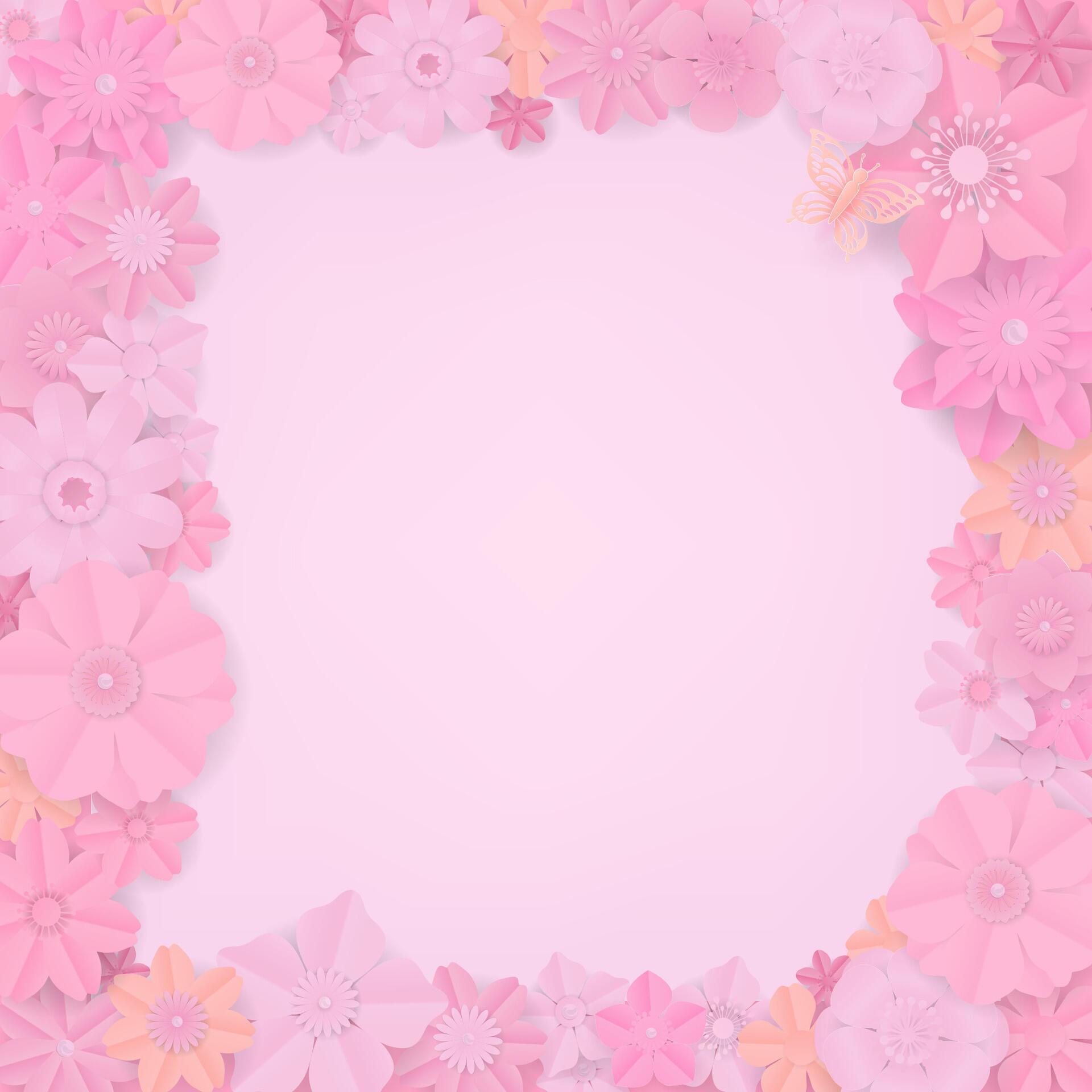 Set of pink paper flowers frame on pink background Stock Free