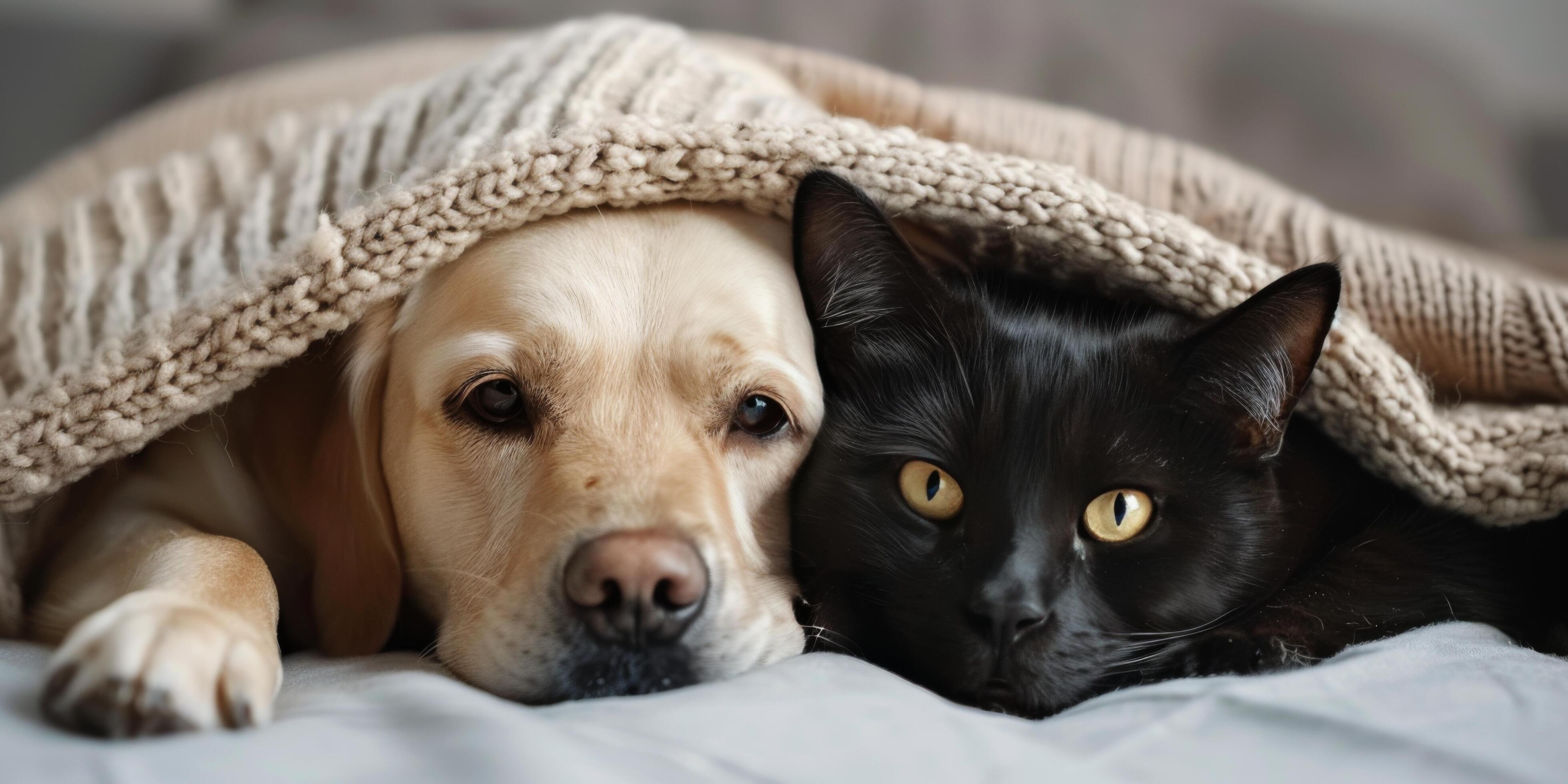 Cozy Black Dog and Gray Cat Snuggling Under a Soft Blanket at Home Stock Free