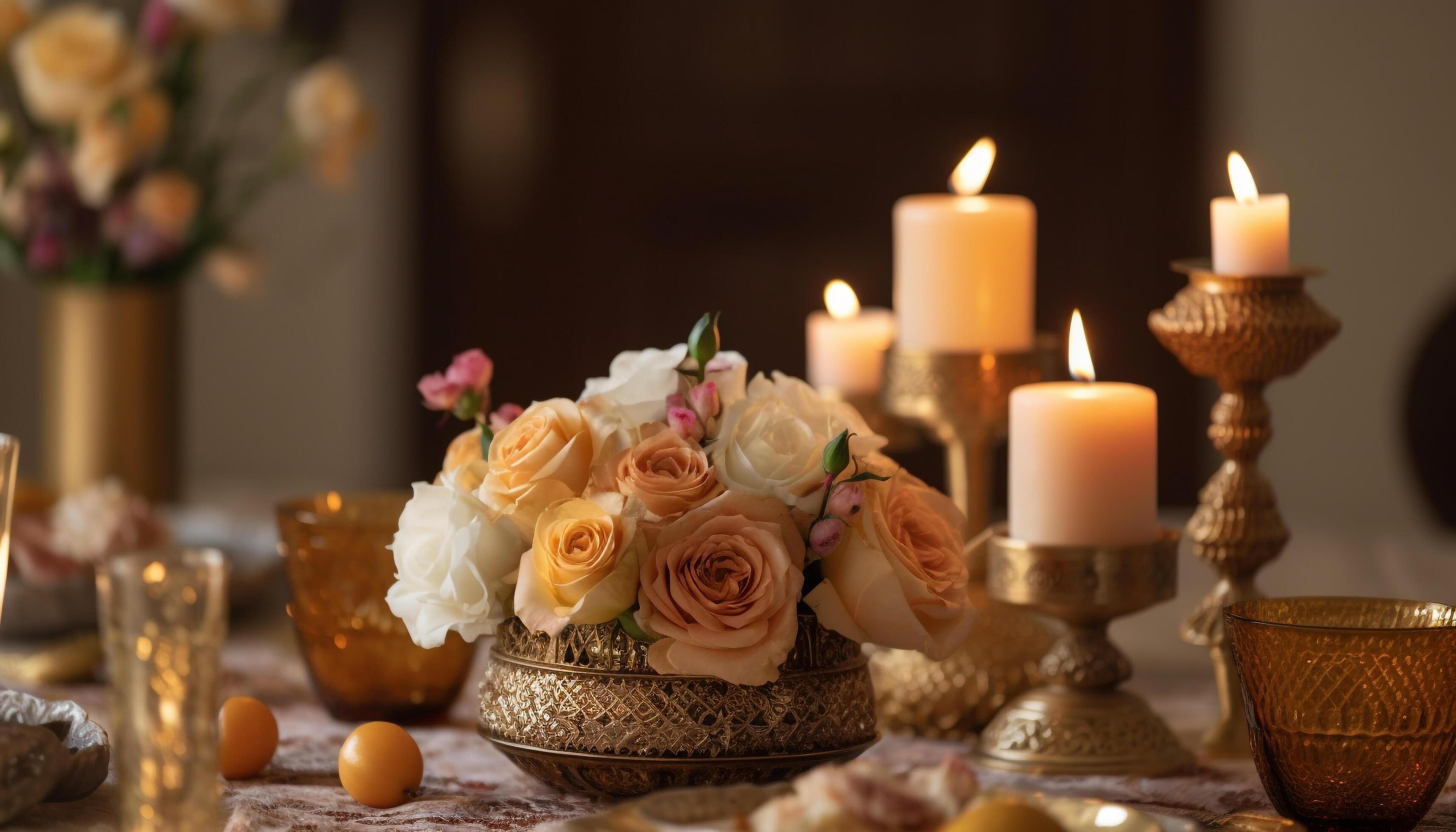 Romantic candlelight illuminates elegant flower arrangement on rustic table generated by AI Stock Free