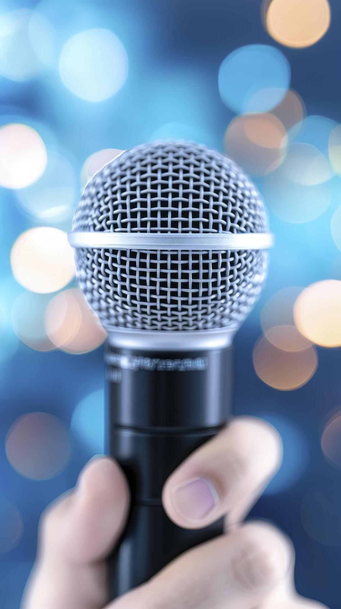 a hand holding microphone with blue blur bokeh light background Stock Free