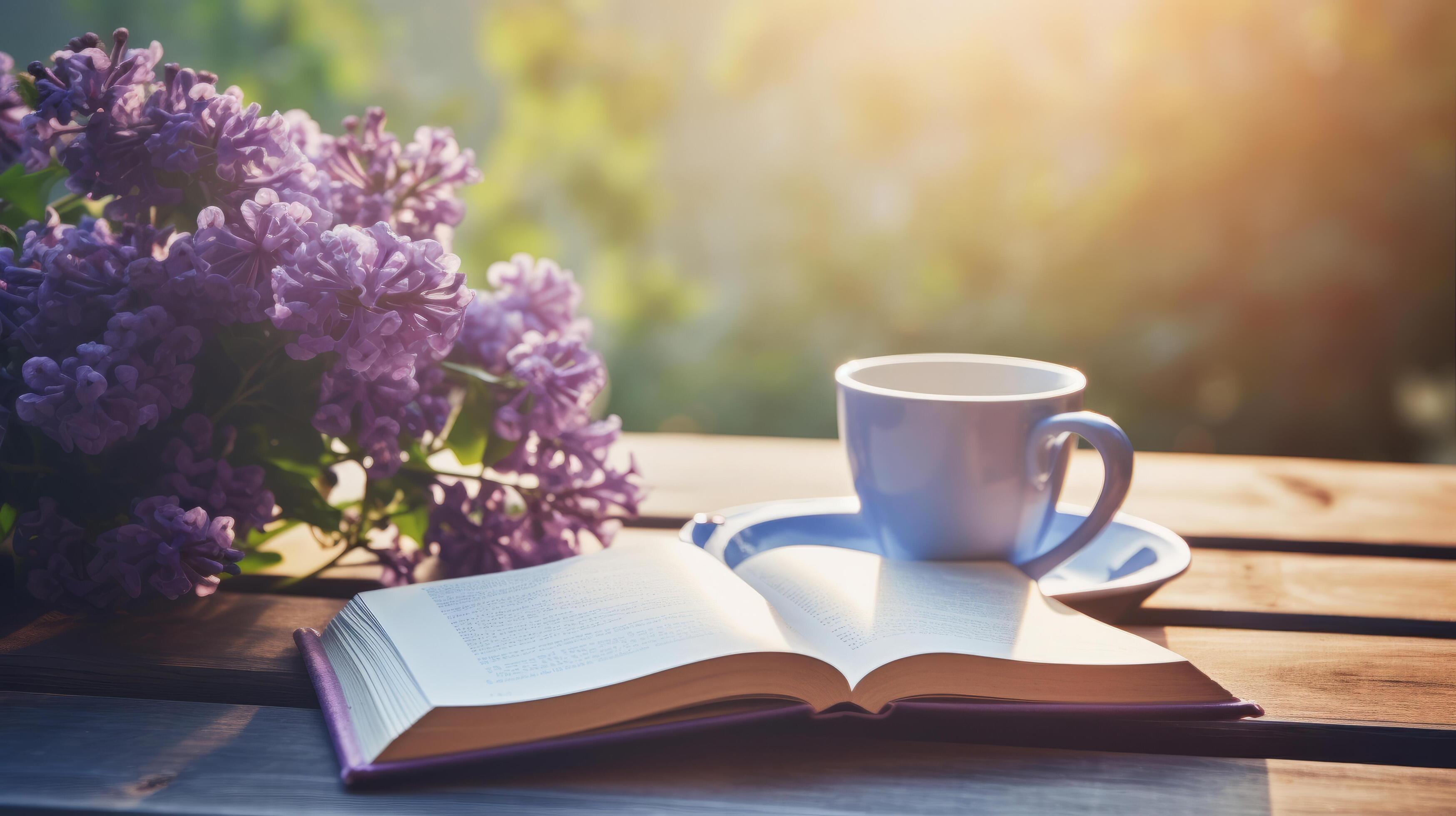 Cup of coffee with book and Lilly flowers. Illustration Stock Free