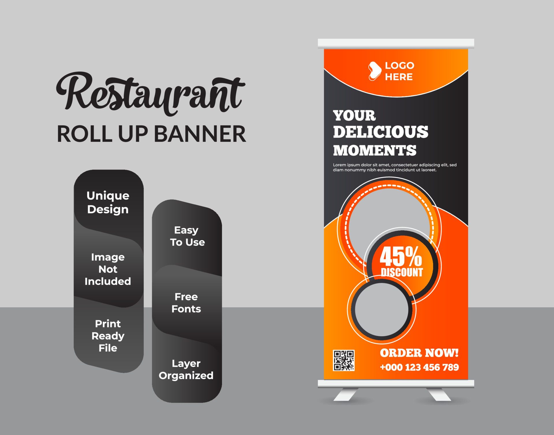 Restaurant business Roll up banner template design Free Vector