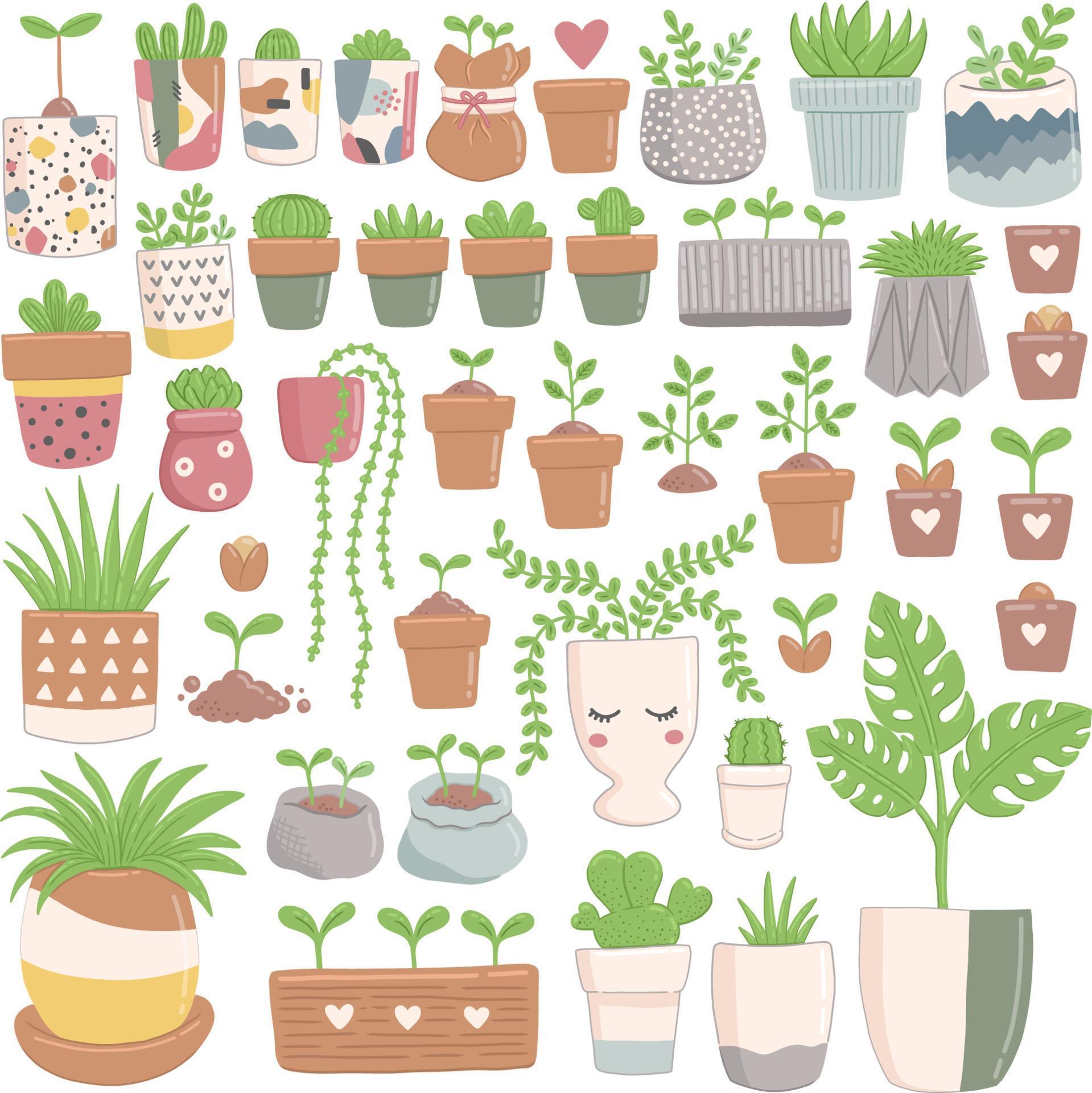 Spring set of green plants in flower pots, vector illustration Stock Free