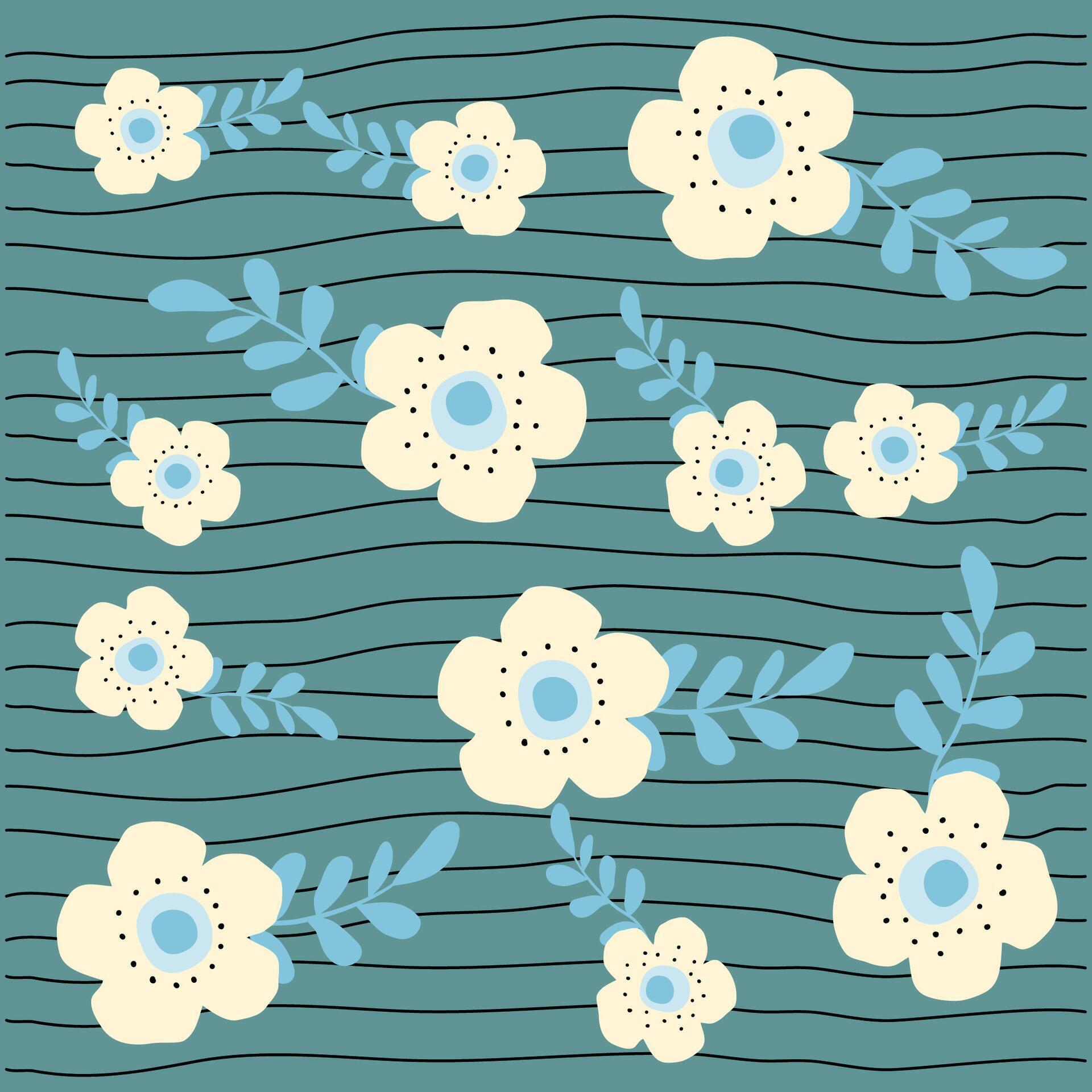 Hand drawn blooming simple flower bouquet decoration with grid background on blue textile, fabric, surface design, wrapping paper, wallpaper Stock Free