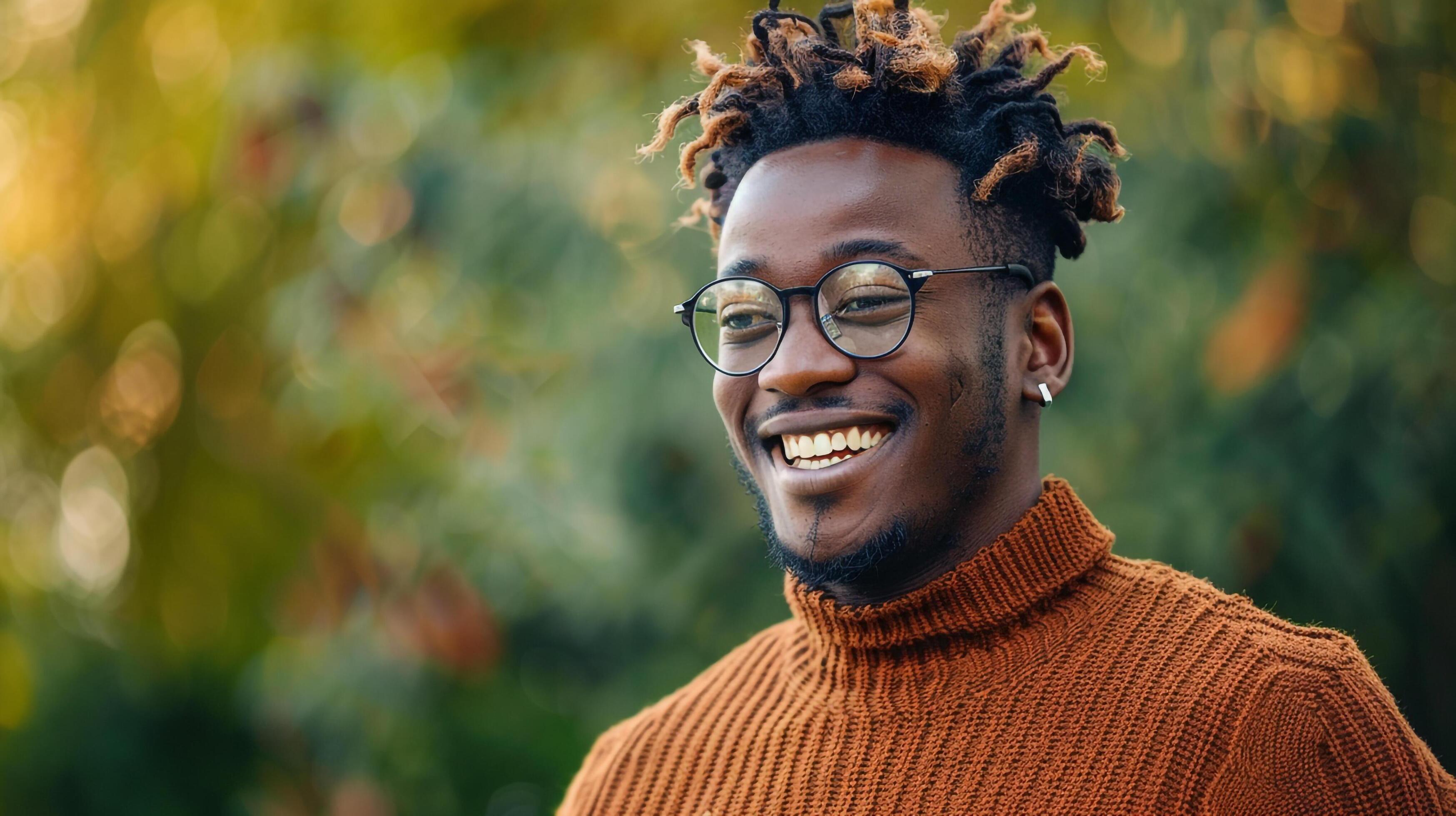 Happy dreadlocked man in glasses and brown sweater Stock Free