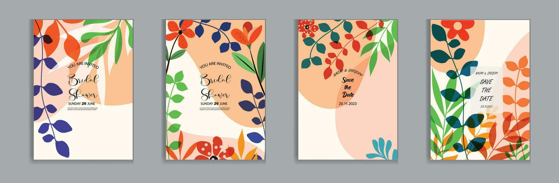 Vector bright and colorful wedding cards, invitation template leaves, and flowers floral Stock Free