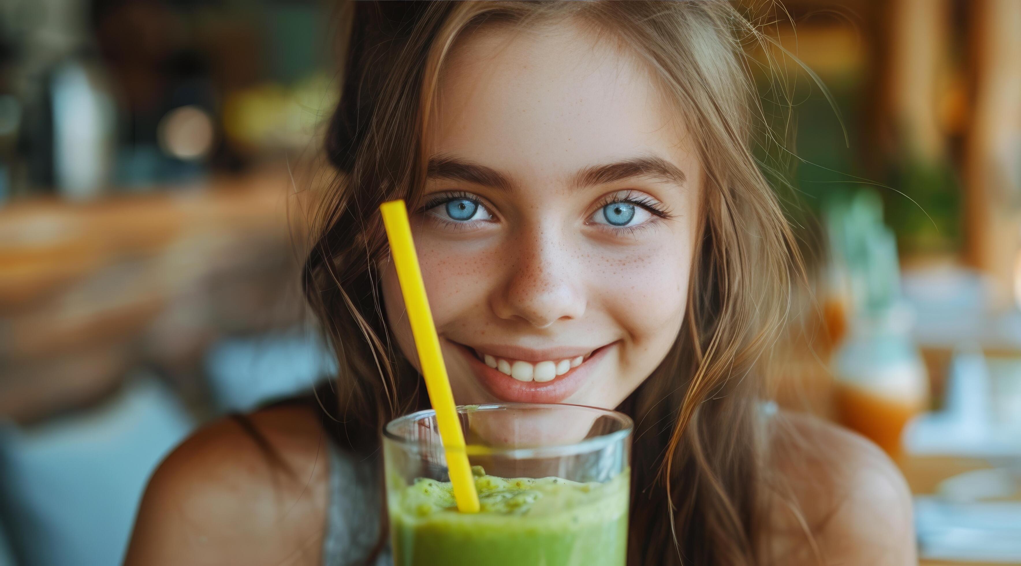 Woman Smiling and Enjoying a Refreshing Green Smoothie at a Cafe Stock Free