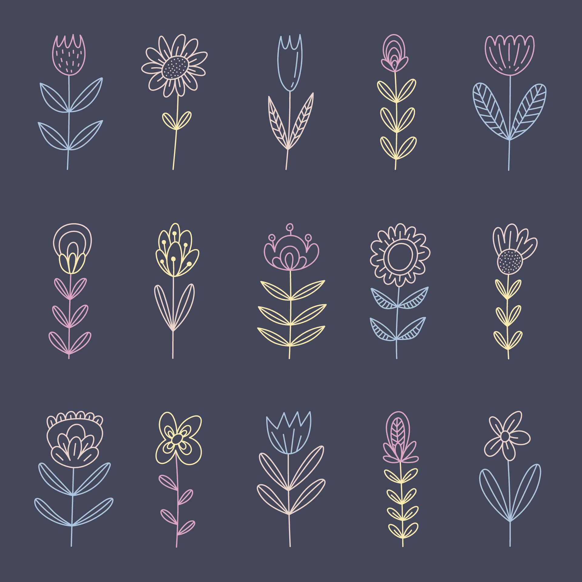 Set of hand drawn various shapes and doodle flowers. Abstract vector illustration. Stock Free