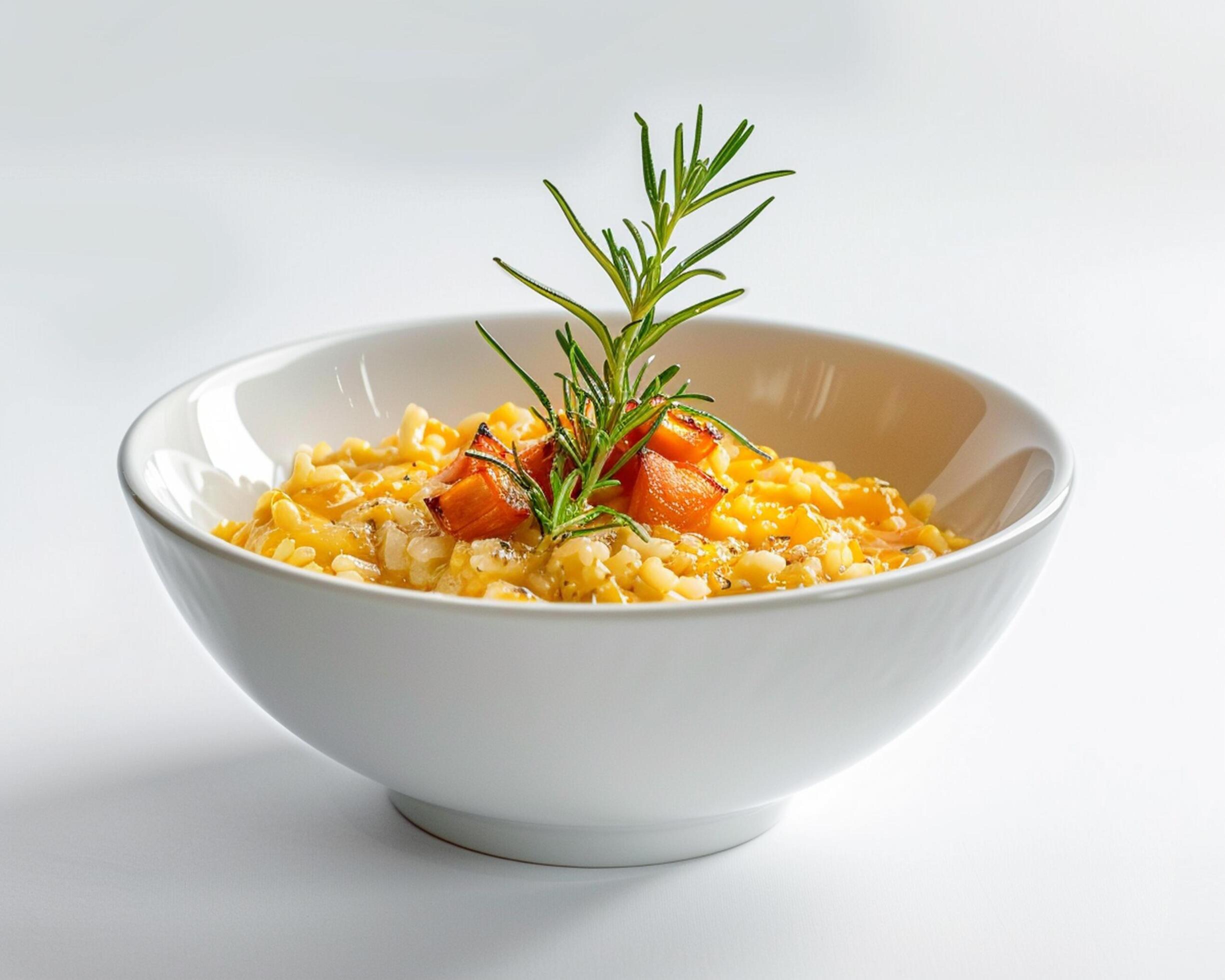 a bowl of food with a sprig of rosemary Stock Free