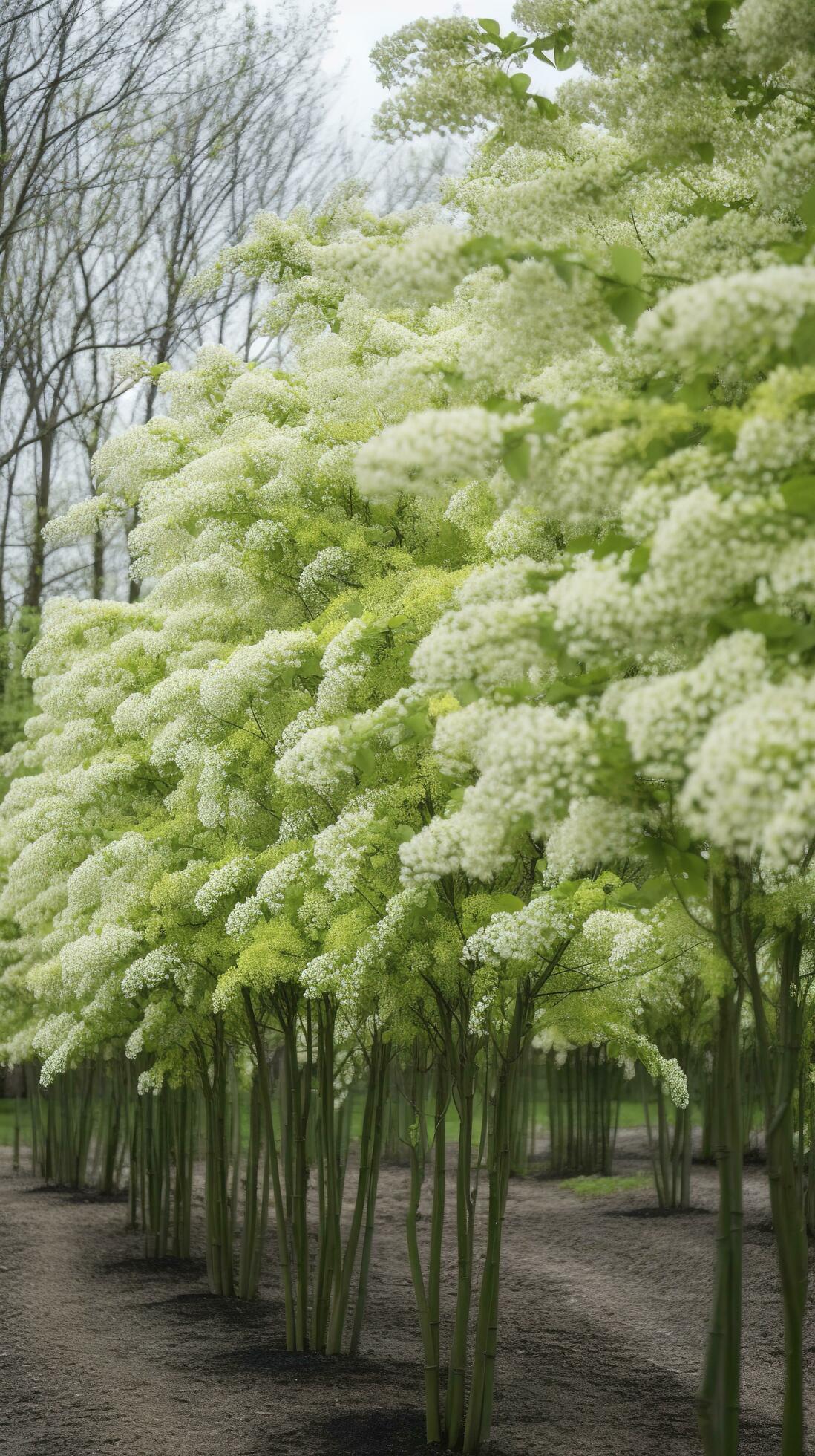 The green Sophora japonica trees are full of white Sophora japonica flowers, generate ai Stock Free