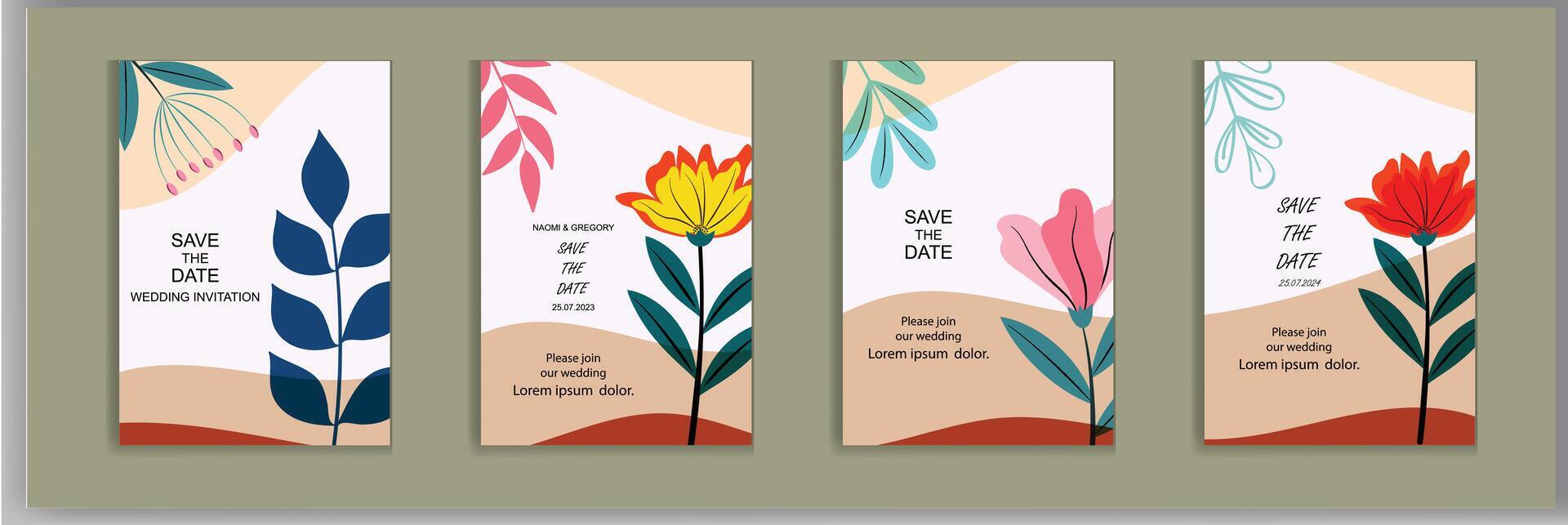 Bright and colorful wedding cards invitation template leaves and flowers floral Stock Free