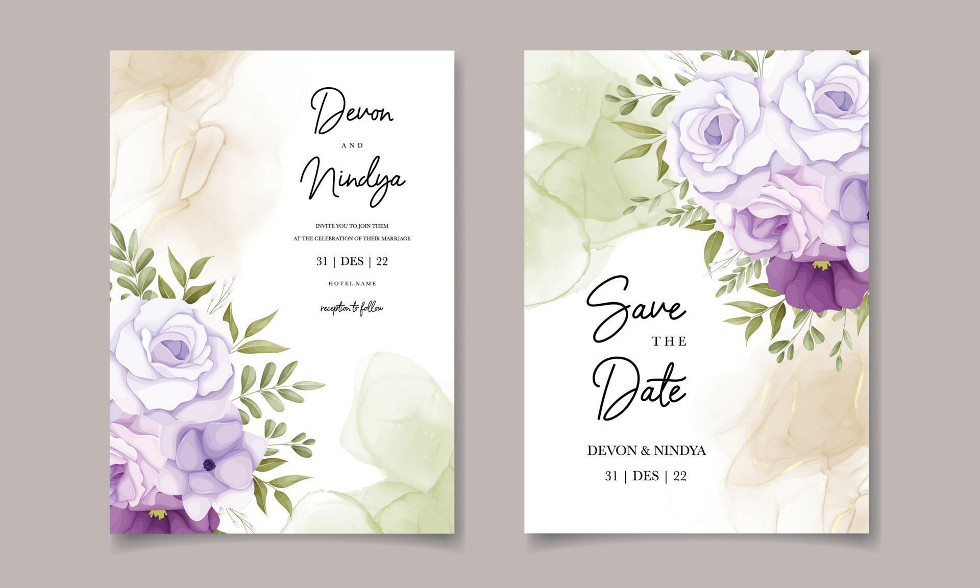 wedding invitation with pretty purple flowers Stock Free