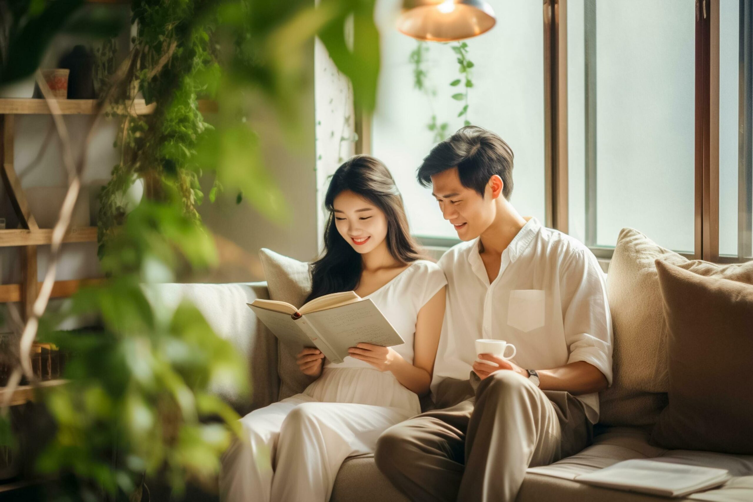 photo Happy beautiful young asian woman relaxing on sofa reading book in living room.AI Generated Free Photo