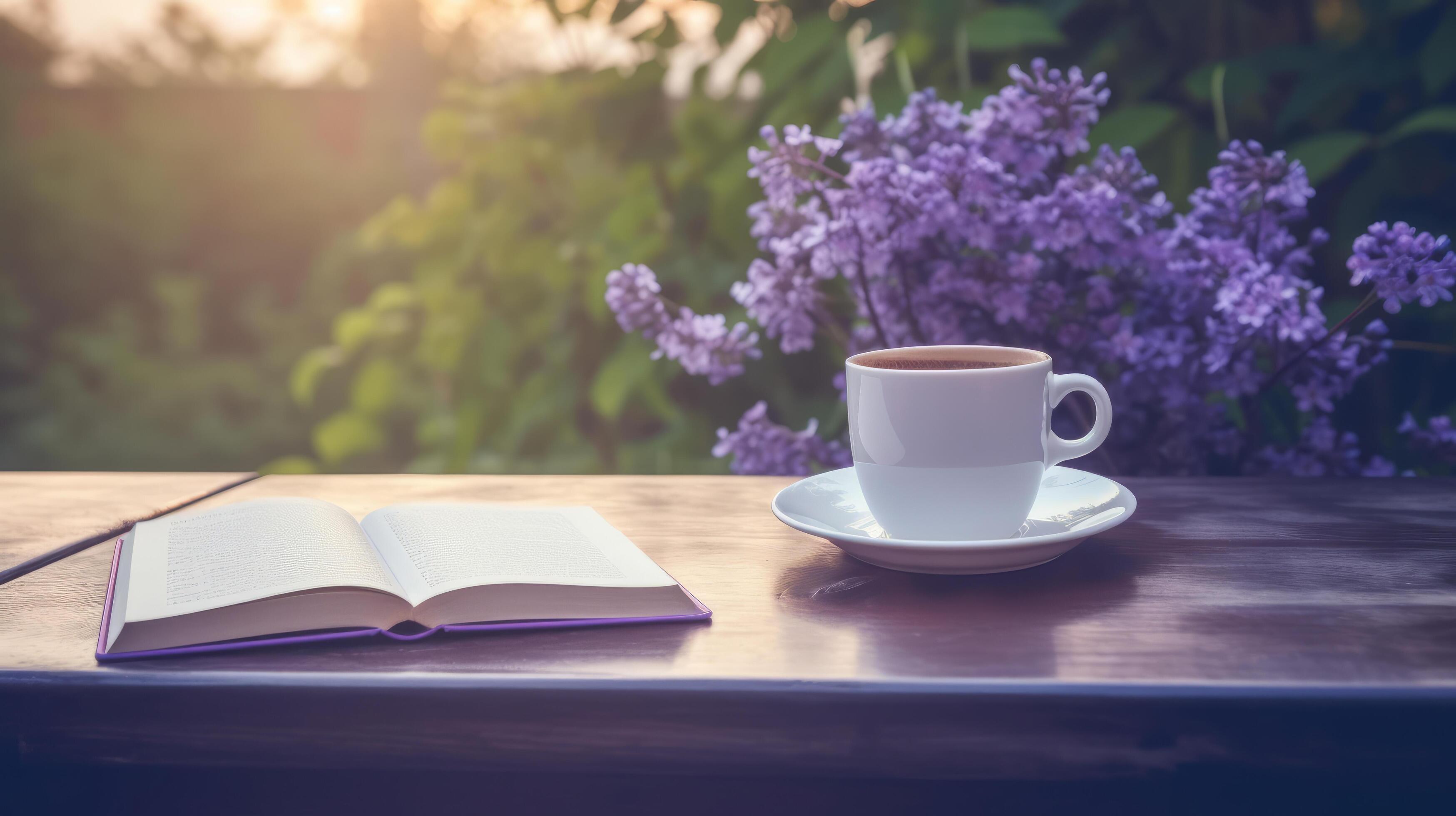 Cup of coffee with book and Lilly flowers. Illustration Stock Free