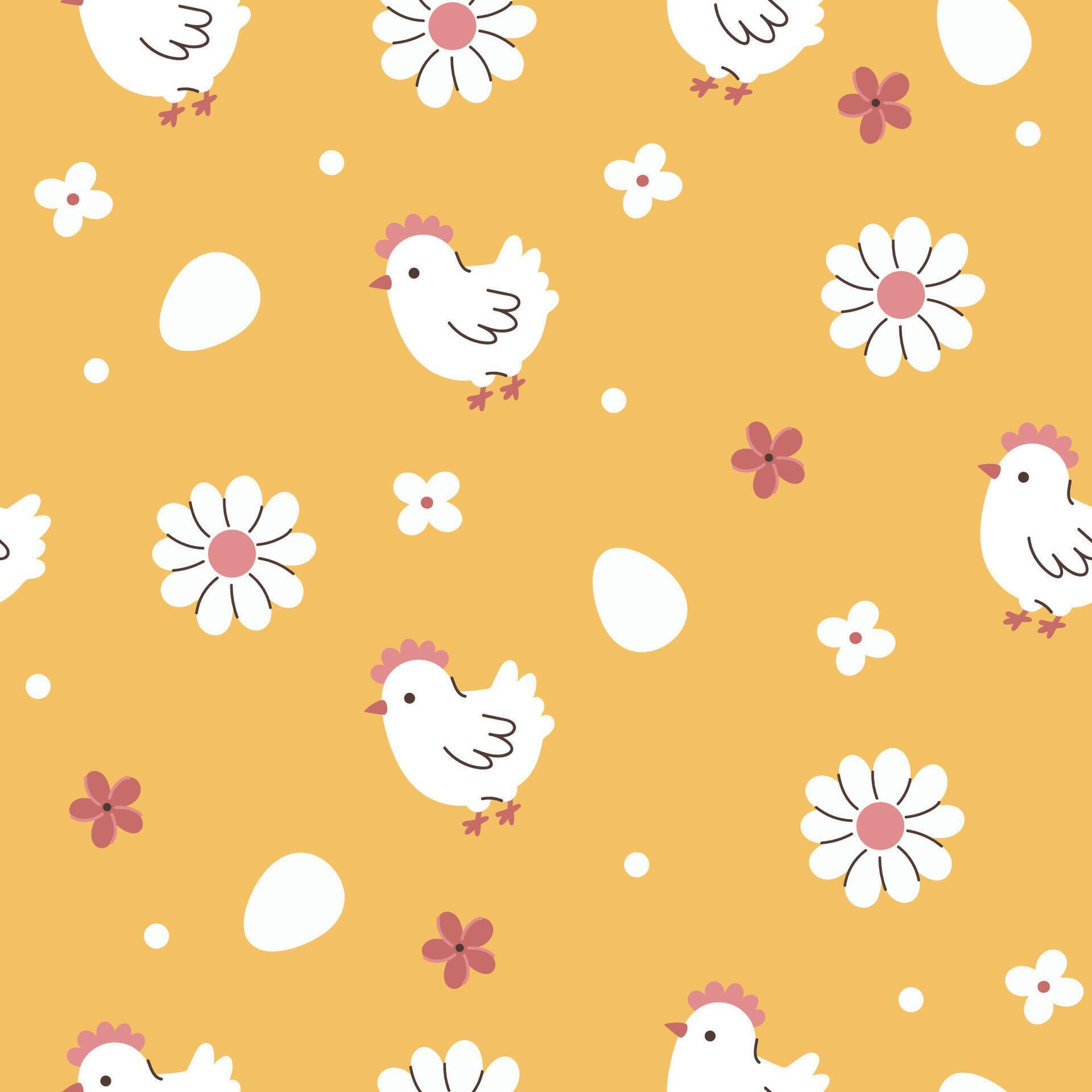 Simple seamless pattern with chickens, eggs and flowers. Vector graphics. Stock Free