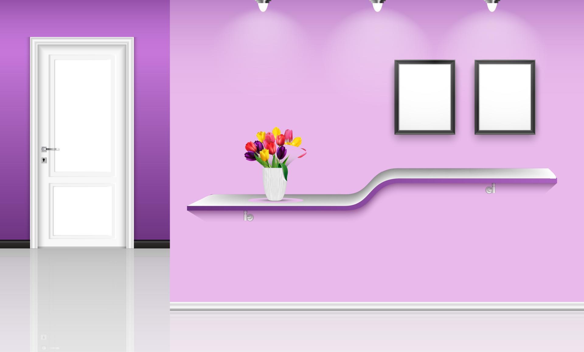 Vector illustration of Purple wall background with frames and flowers pot over shelf Stock Free