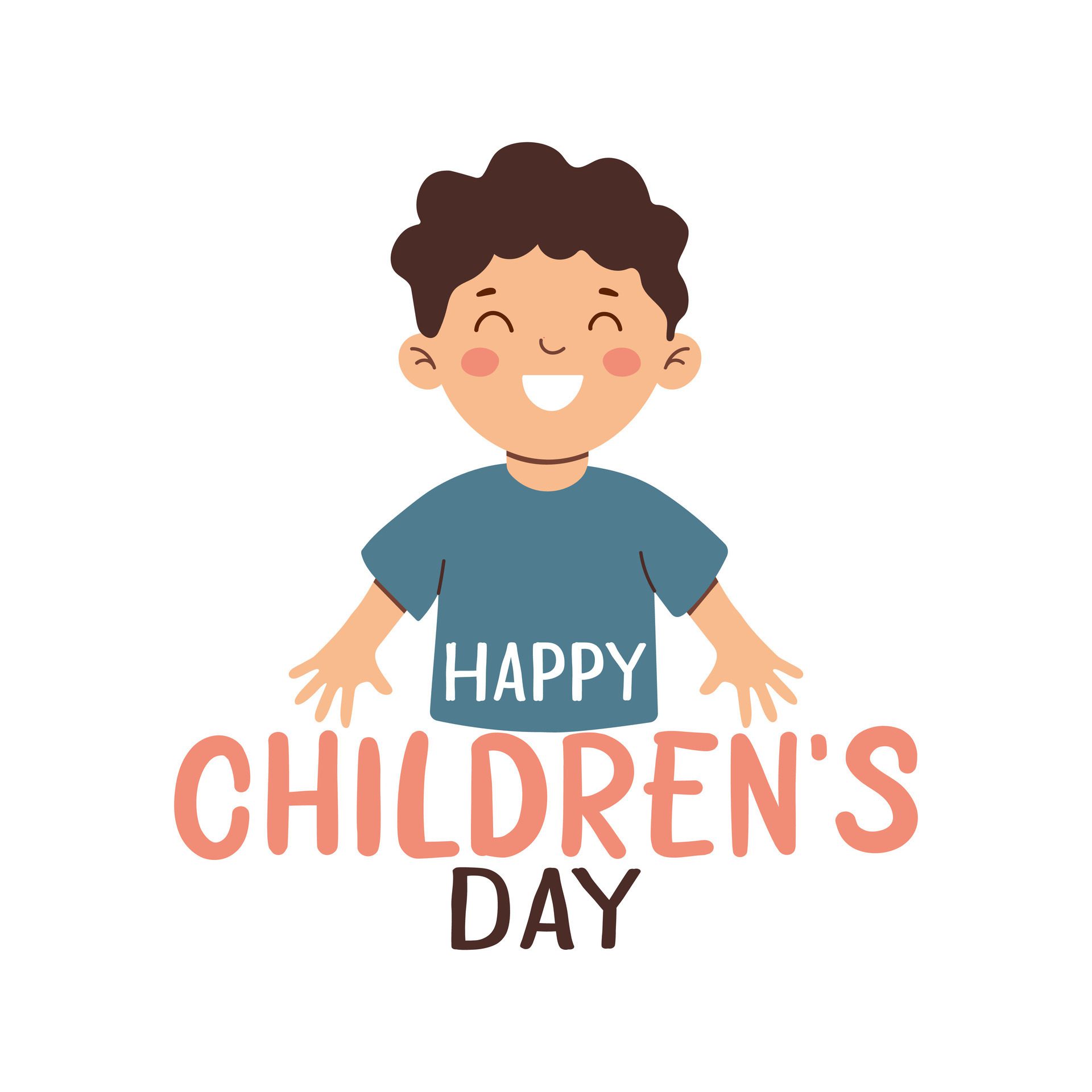 Happy children’s day greeting card. Smiling child and colorful lettering isolated on white background. Holiday flat design for banner, poster, flyer. Free Vector