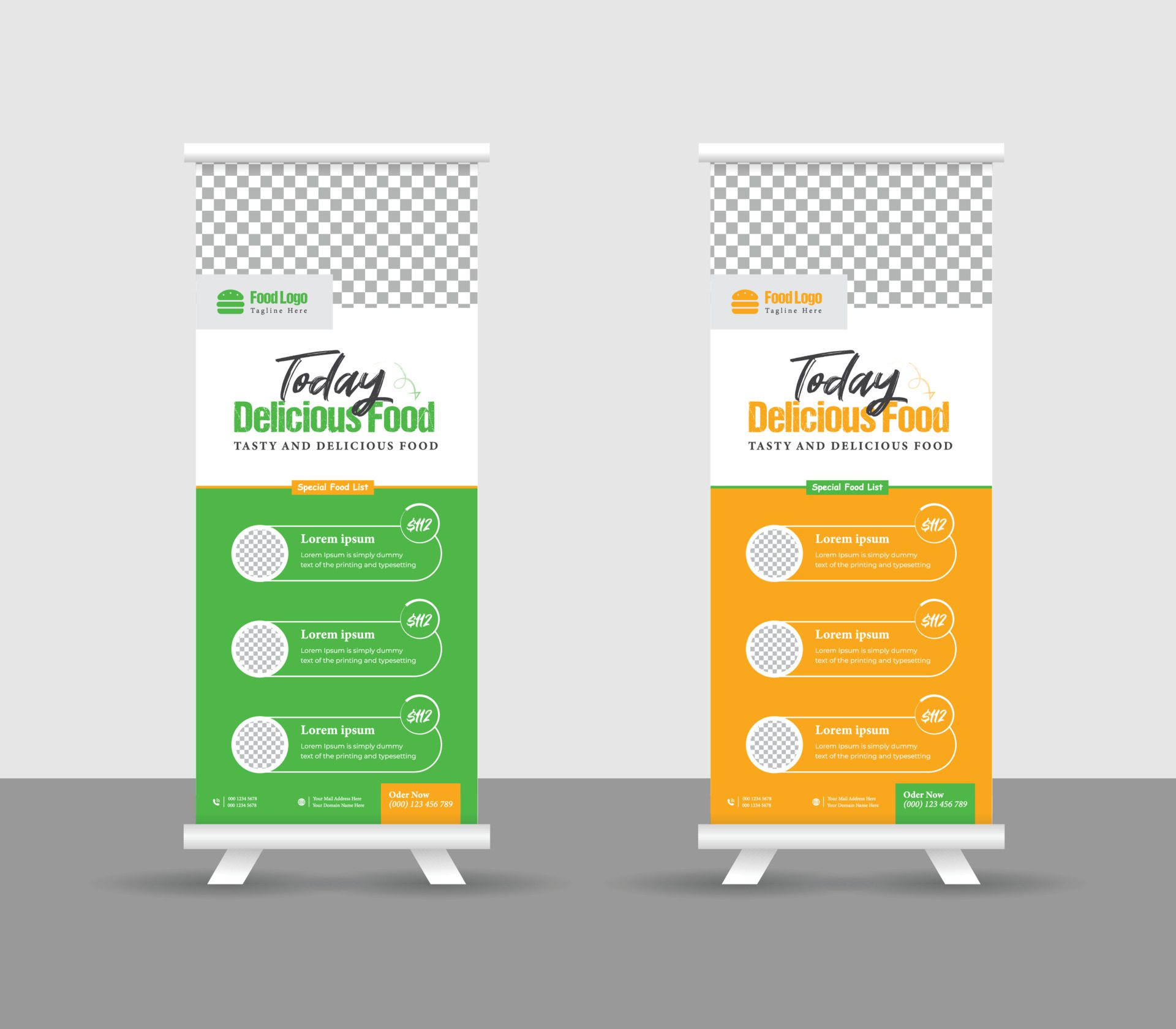 Modern food rollup banner design for restaurant. Vertical, roll-up template, food roll up banner design template, Editable template illustration Free Vector