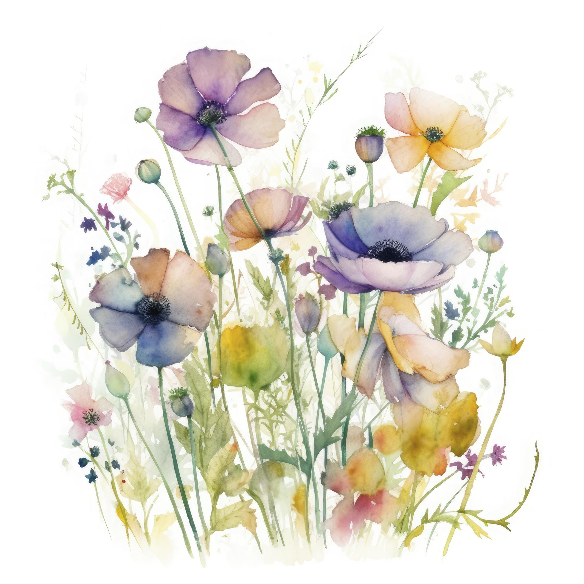 free meadow flowers water color, pastel ,white background , generat ai Stock Free