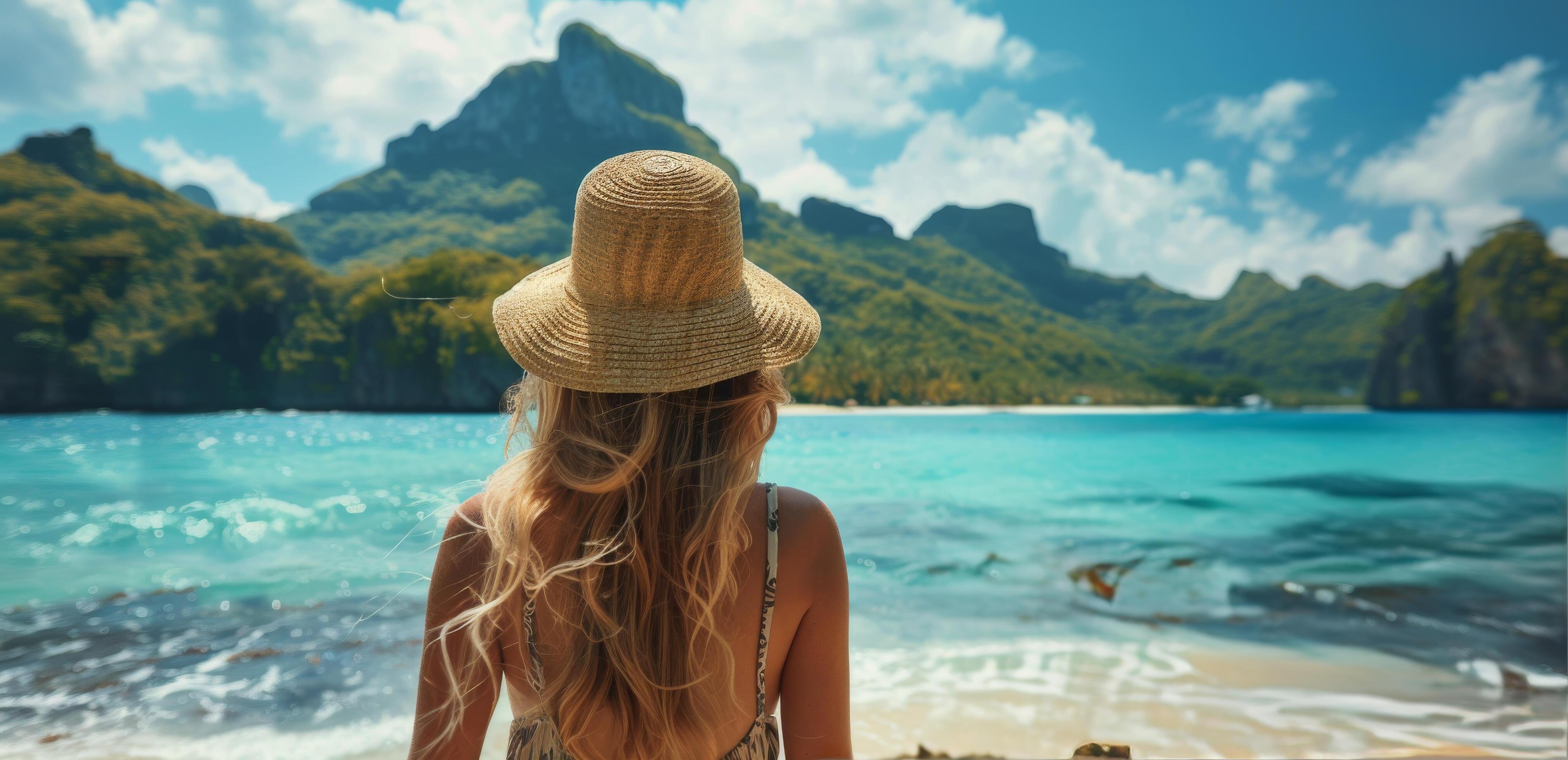 Woman Standing on Beach With Hat Stock Free