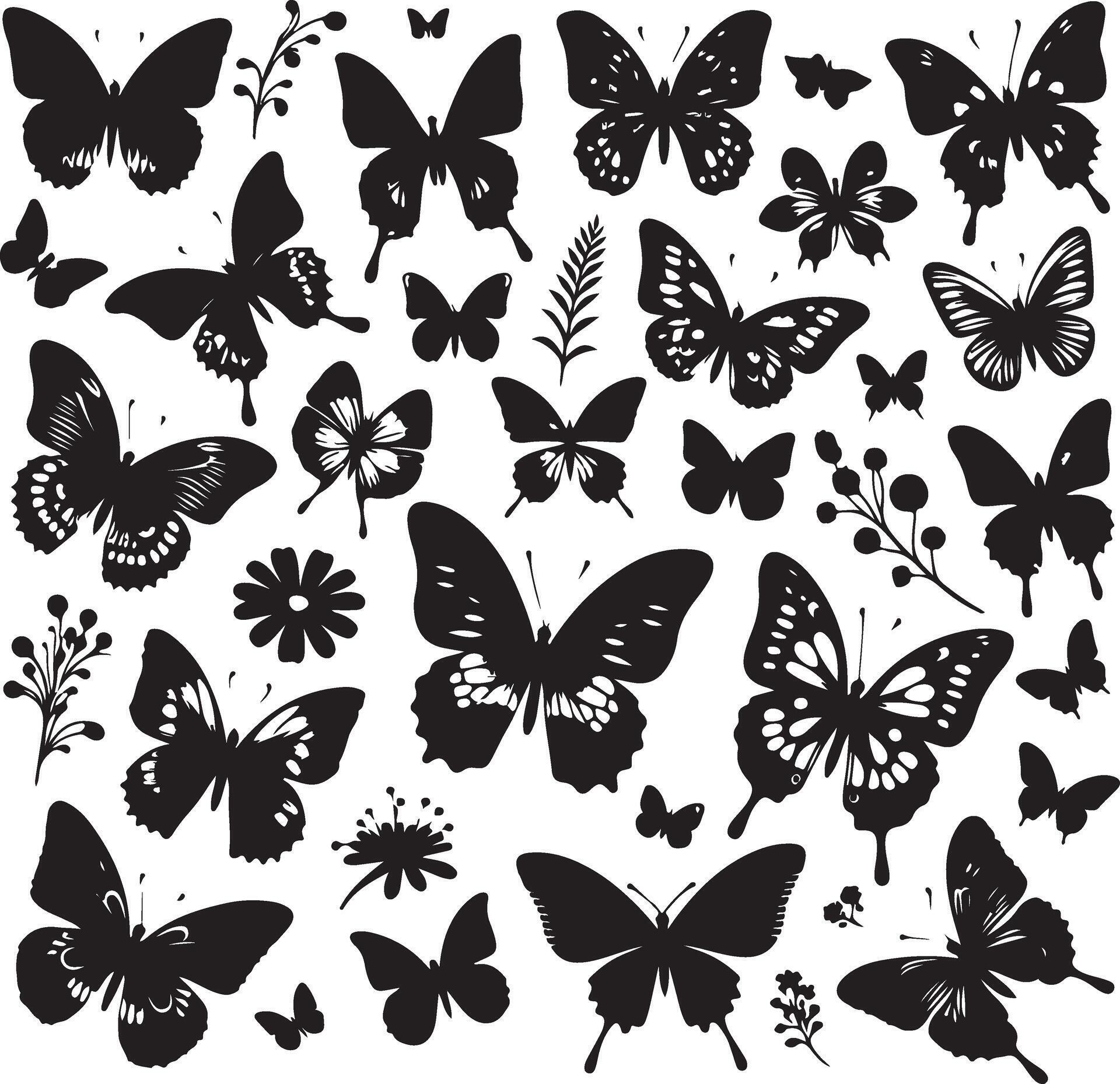 Butterflies and flowers, pattern with butterflies, set of butterflies, Flying butterflies silhouette black set isolated on white background Stock Free