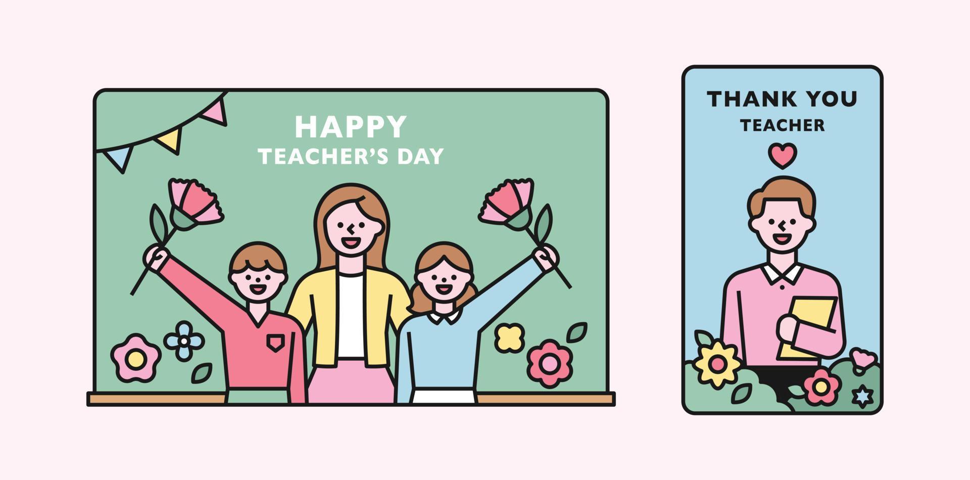 teacher’s day. Happy teacher with children giving flowers to teacher in front of blackboard. Stock Free