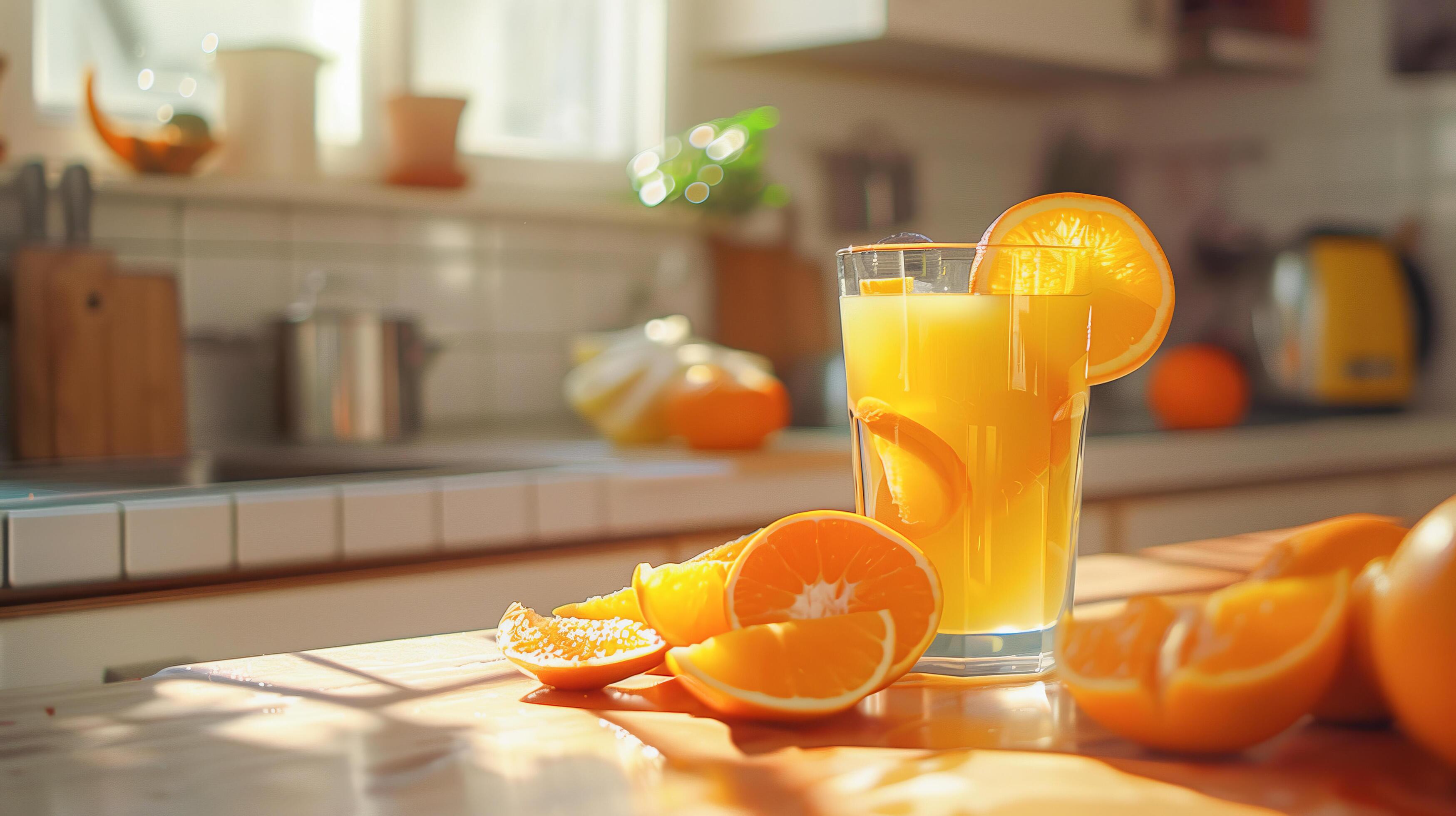 AI generated Glass of fresh orange juice on a counter with sliced oranges, suitable for food and beverage concepts, healthy lifestyle publications. Stock Free