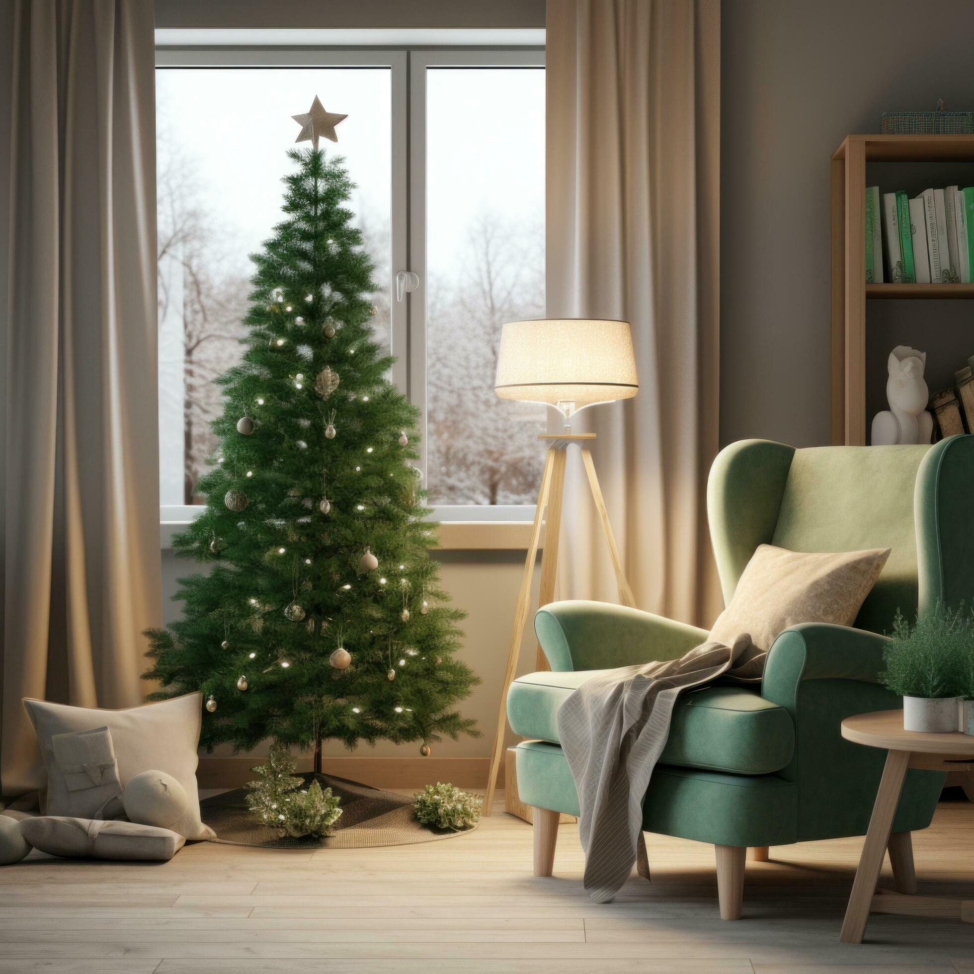 AI generated a family room with a small christmas tree and a green chair Stock Free