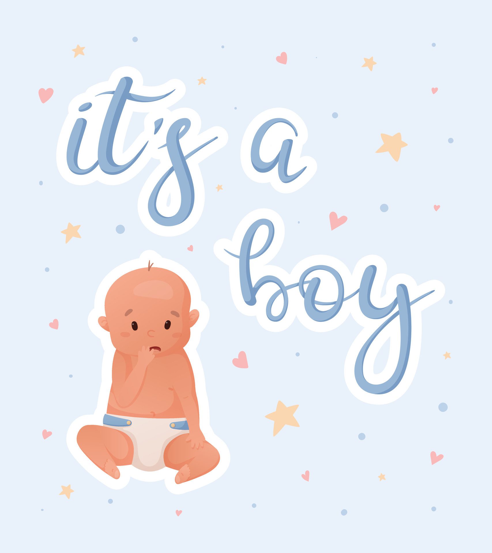 postcard or banner with a newborn boy and lettering inscription it’s a boy. Free Vector