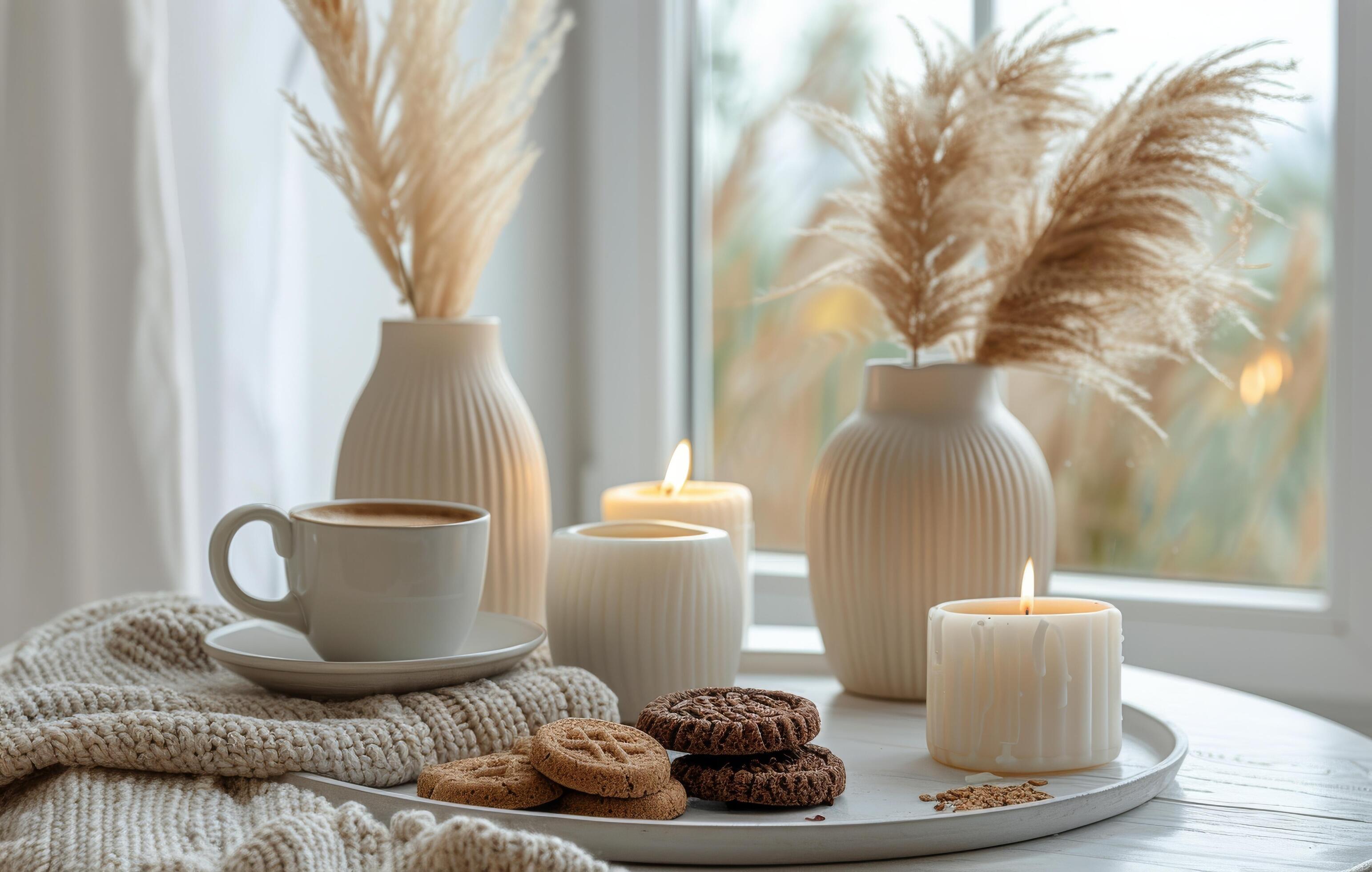 Cozy Windowsill Scene With Burning Candle and Cookies Stock Free