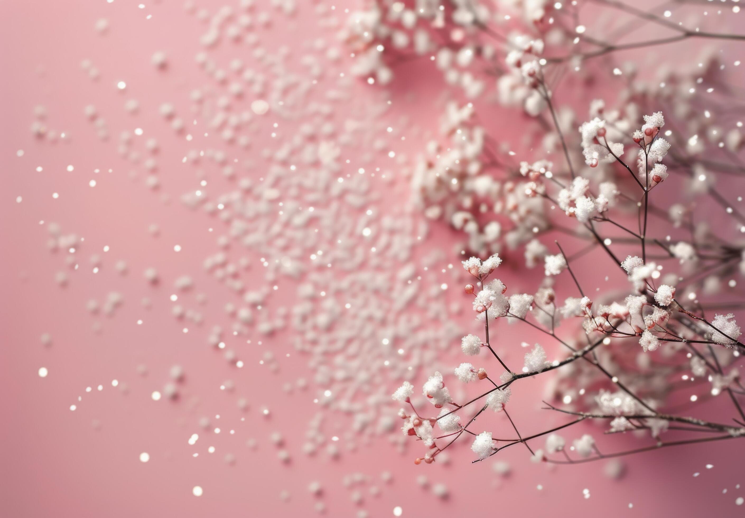 Snowflakes Gently Falling Over Frosty Branches on a Soft Pink Background Stock Free