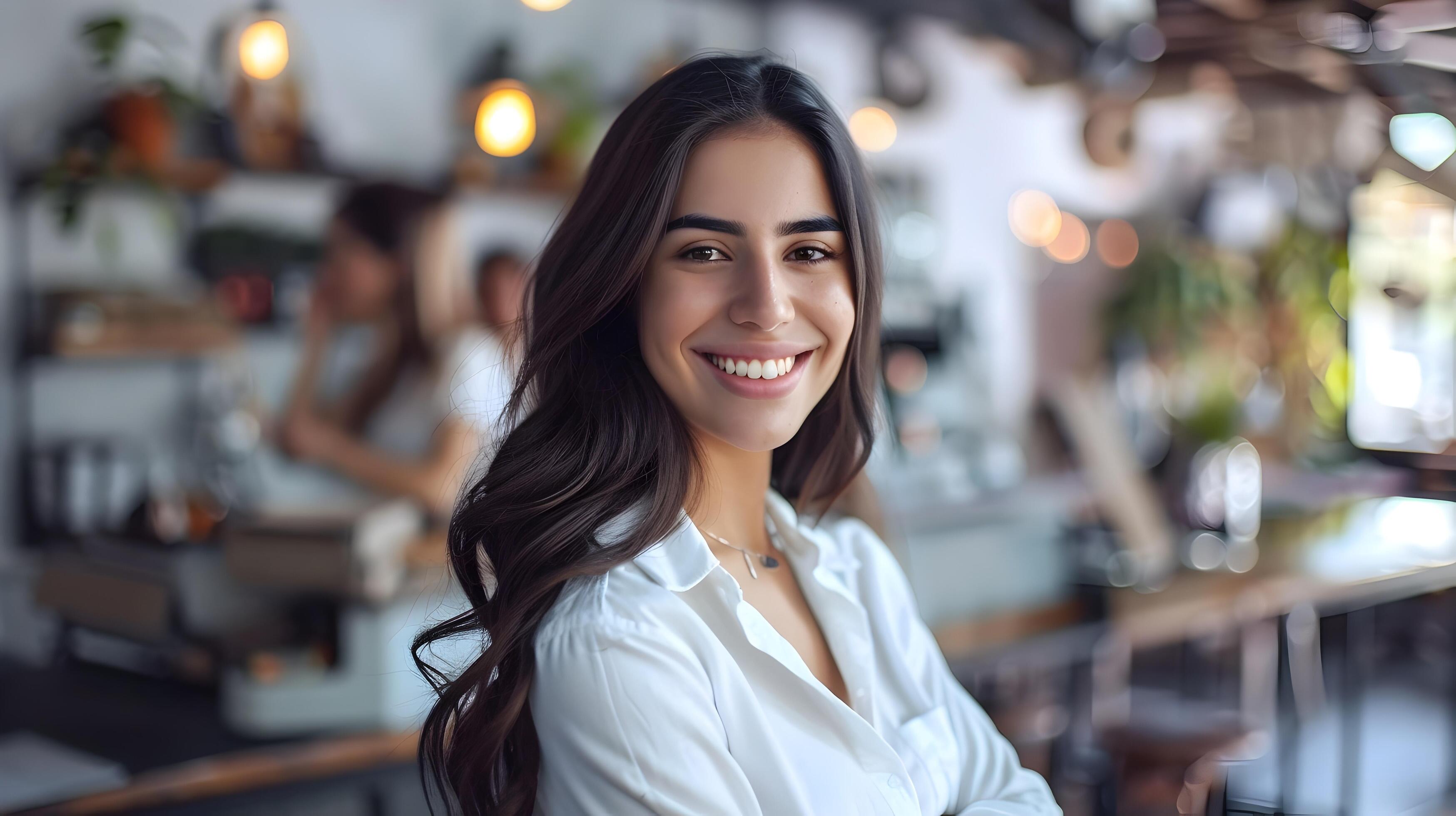 Cheerful Young Businesswoman Exuding Confidence and Charm in a Cozy Cafe Setting Stock Free