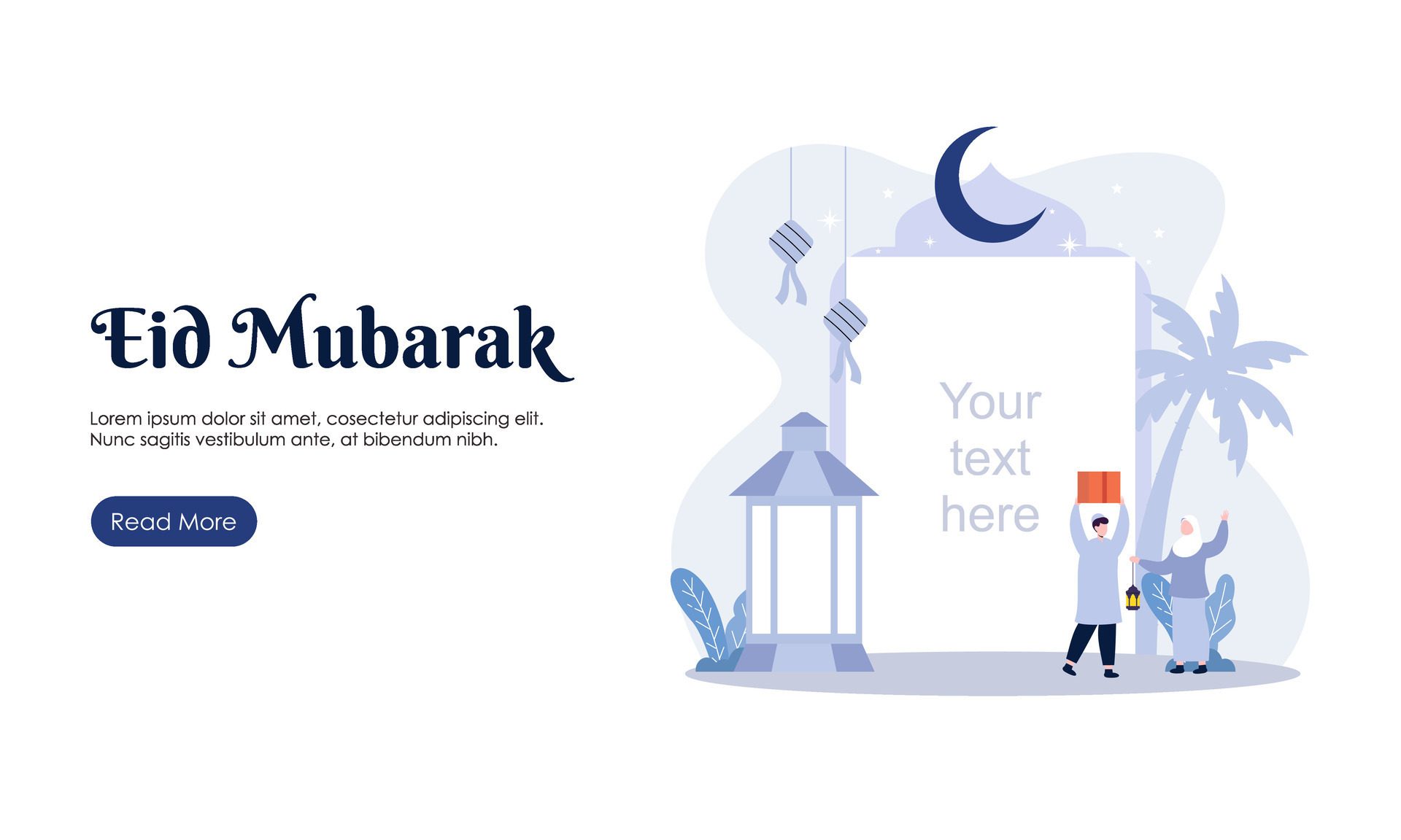 Happy Eid Mubarak or Ramadan Greeting with People Character Illustration. Islamic Design Template for Banner, Landing Page or Poster. Free Vector