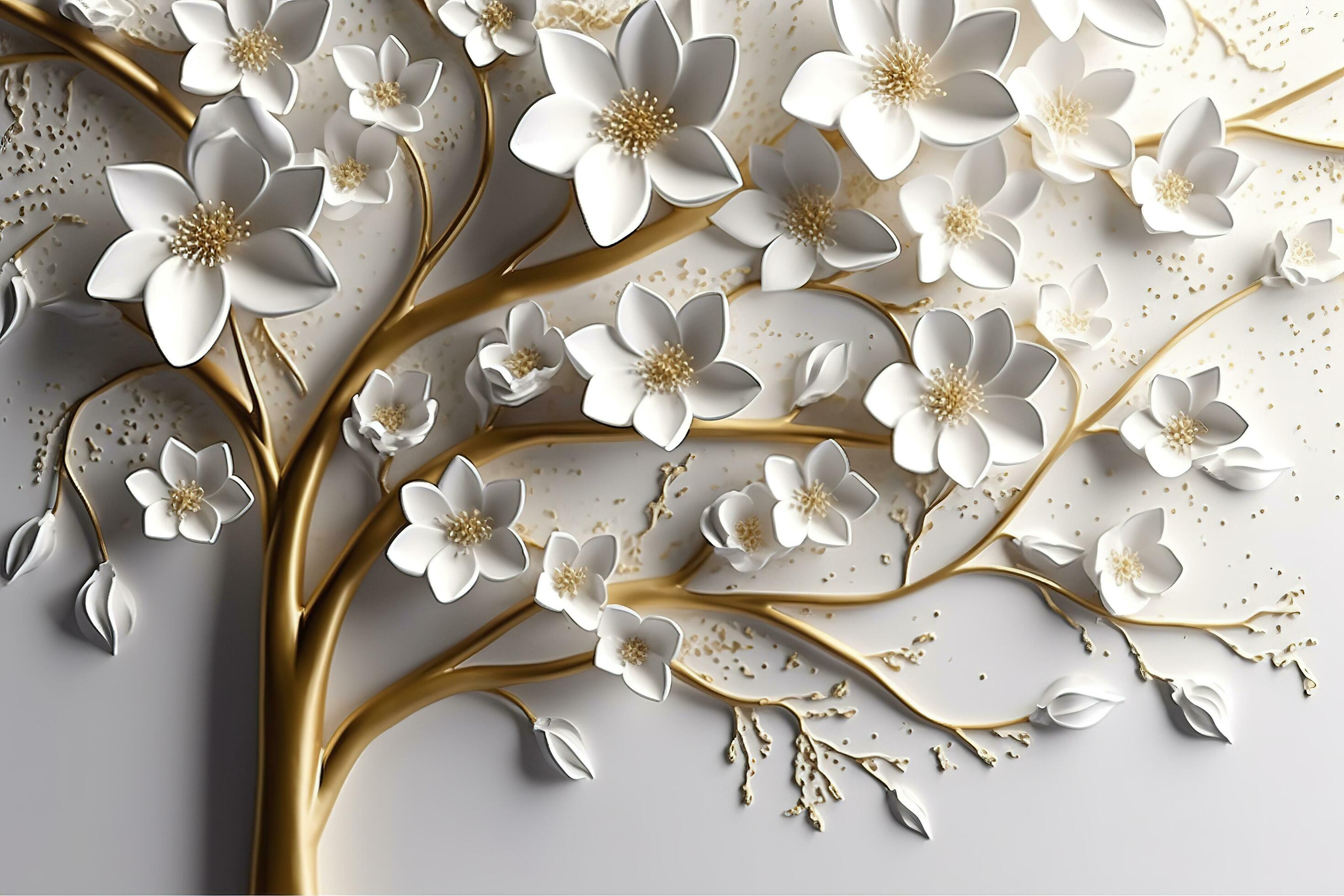 3d wallpaper floral tree background with white flower leaves and golden stem. interior wall home decor, generate ai Stock Free