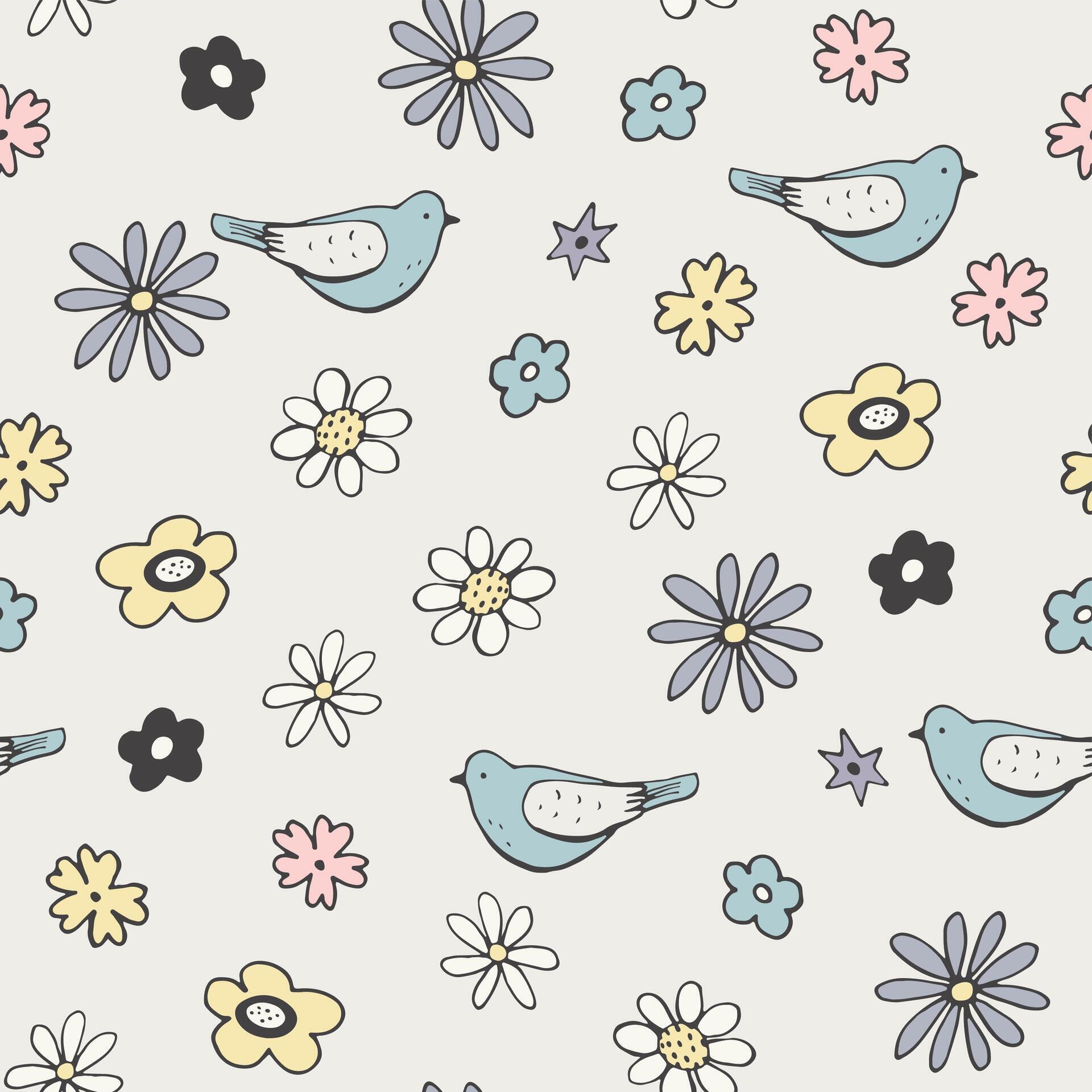 birds and spring flowers vector seamless pattern. Stock Free