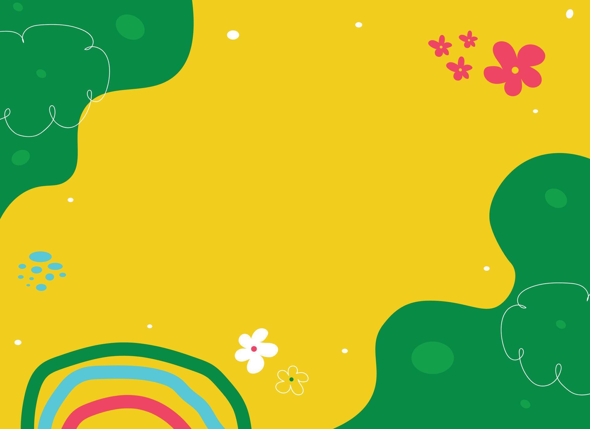 Cute yellow kids background with rainbow and flower in hand drawn style Stock Free