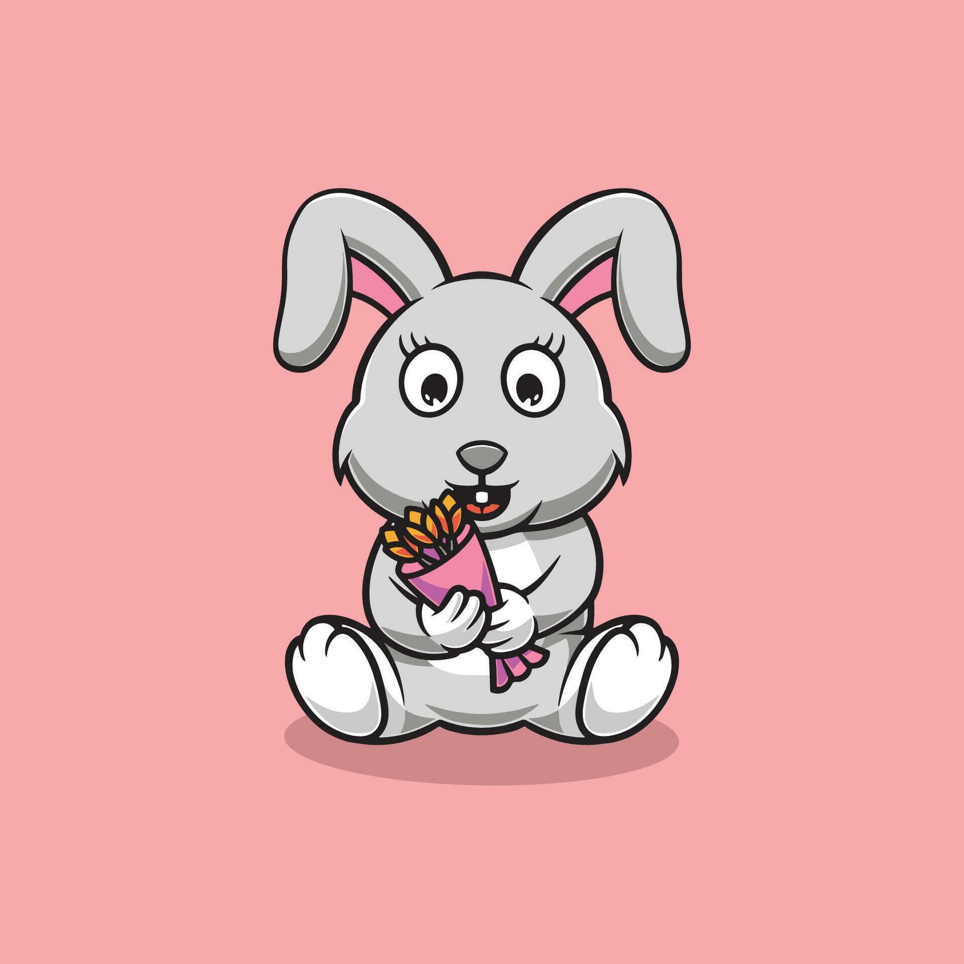 Cute rabbit with bouquet of flowers cartoon illustration Stock Free