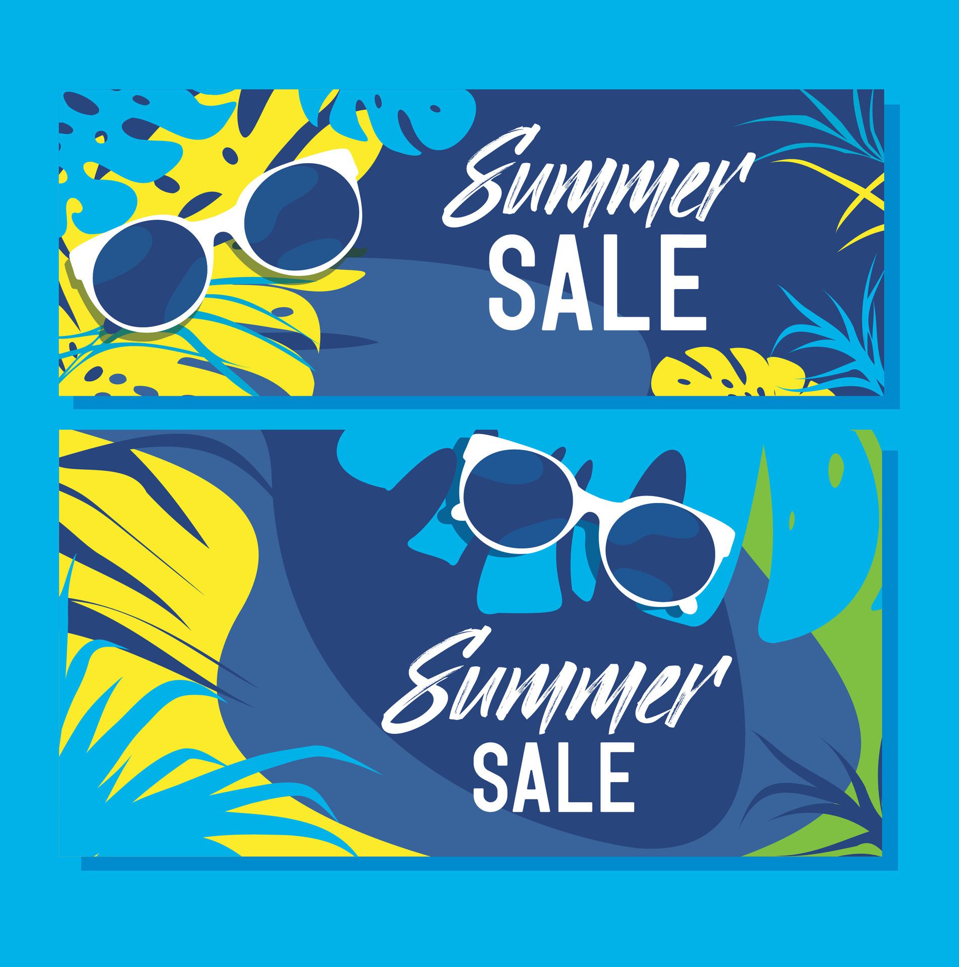 Summer flat banner summer discounts place for your text poster in bright juicy sunny and blue colors abstract plants and summer accessories Free Vector