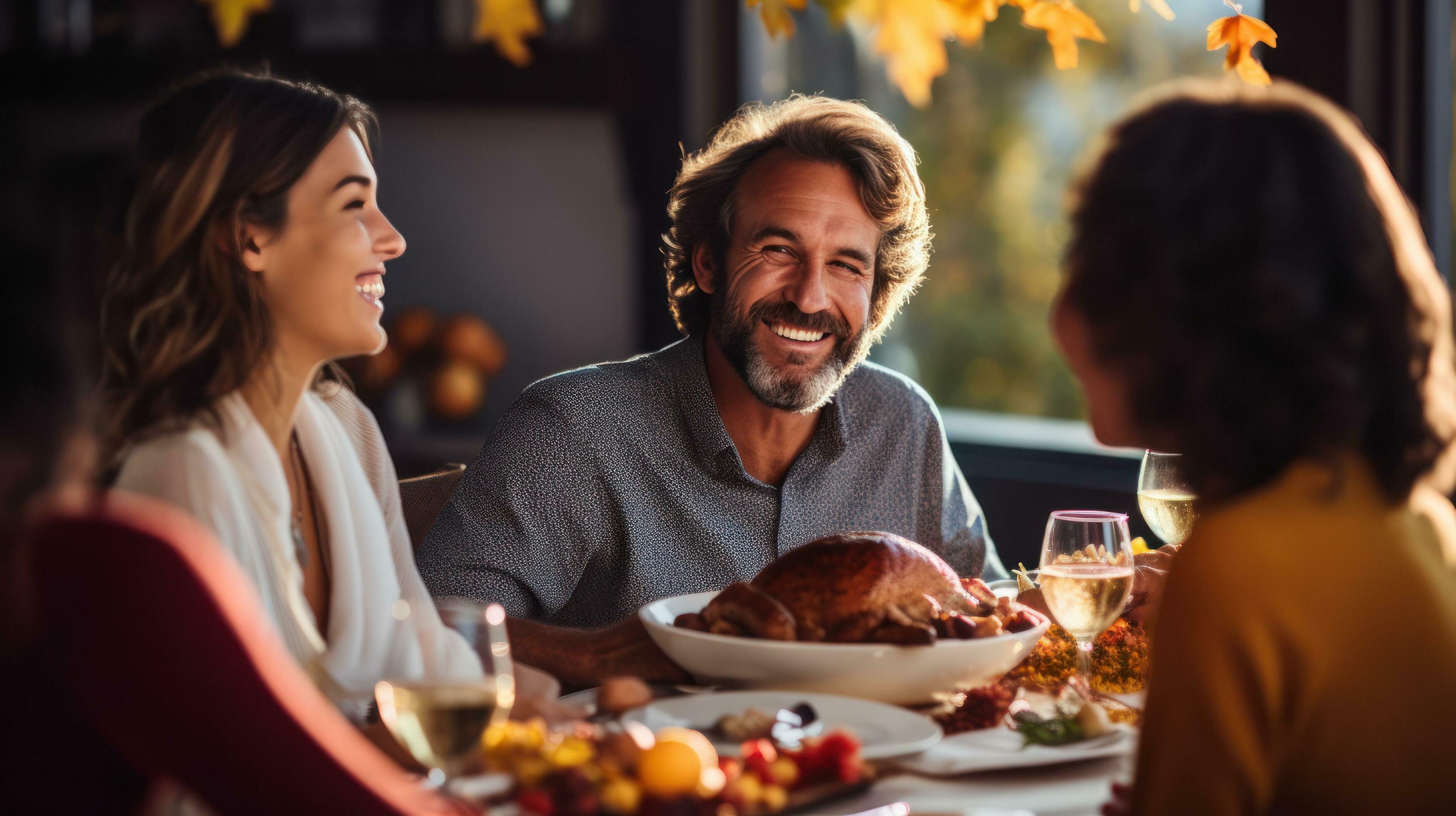 Happy family at Thanksgiving dinner Stock Free