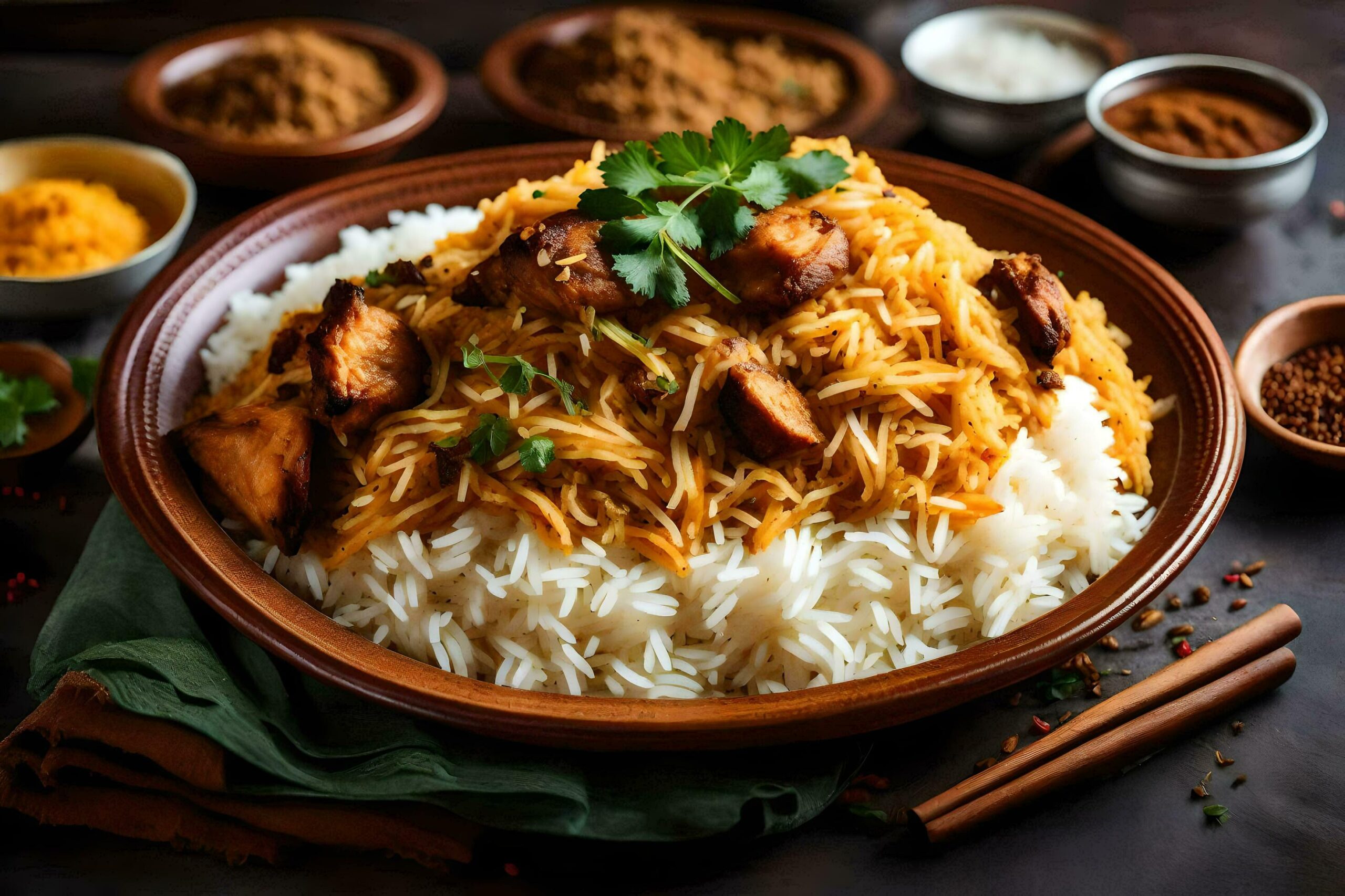 indian chicken curry with rice and spices Free Photo