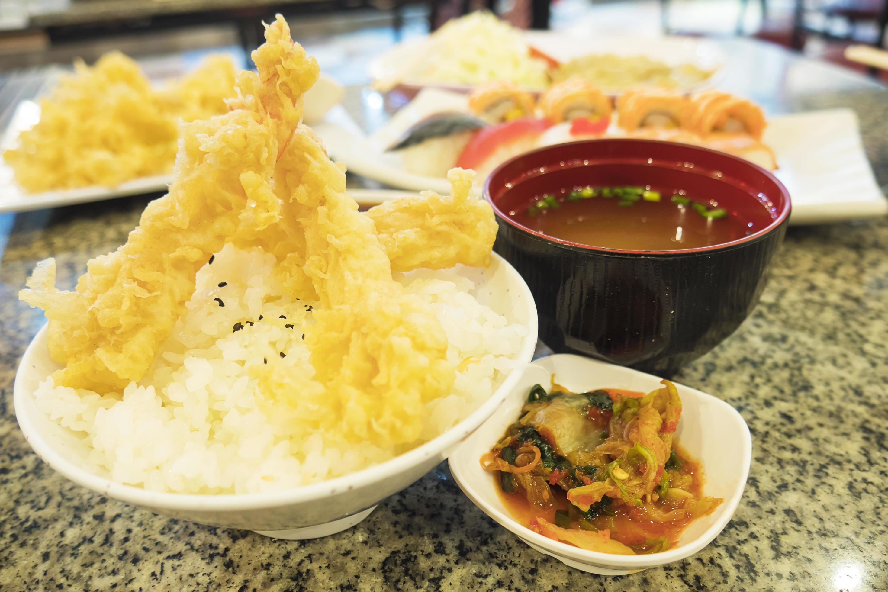 Fresh colorful Japanese food on the white plate, selective focused Stock Free