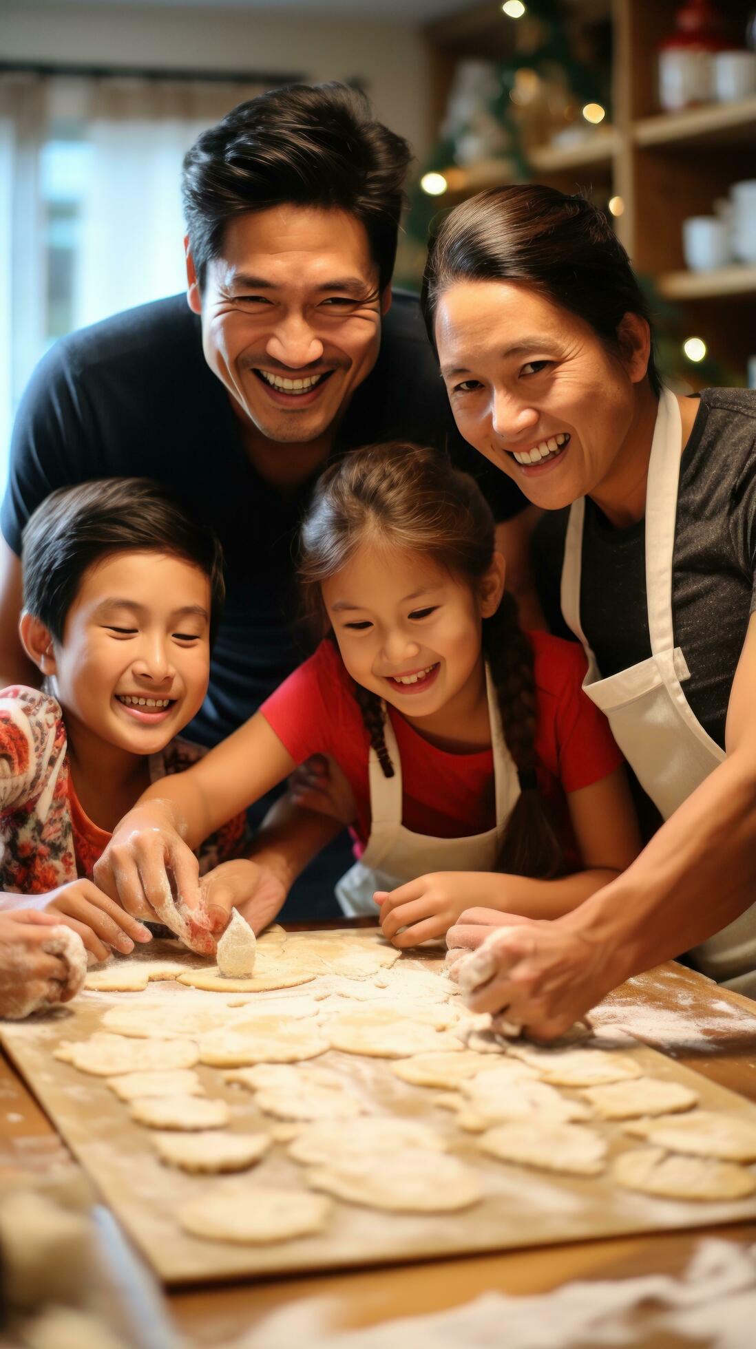 Family bonding over rolling out dough and using cookie cutters Stock Free