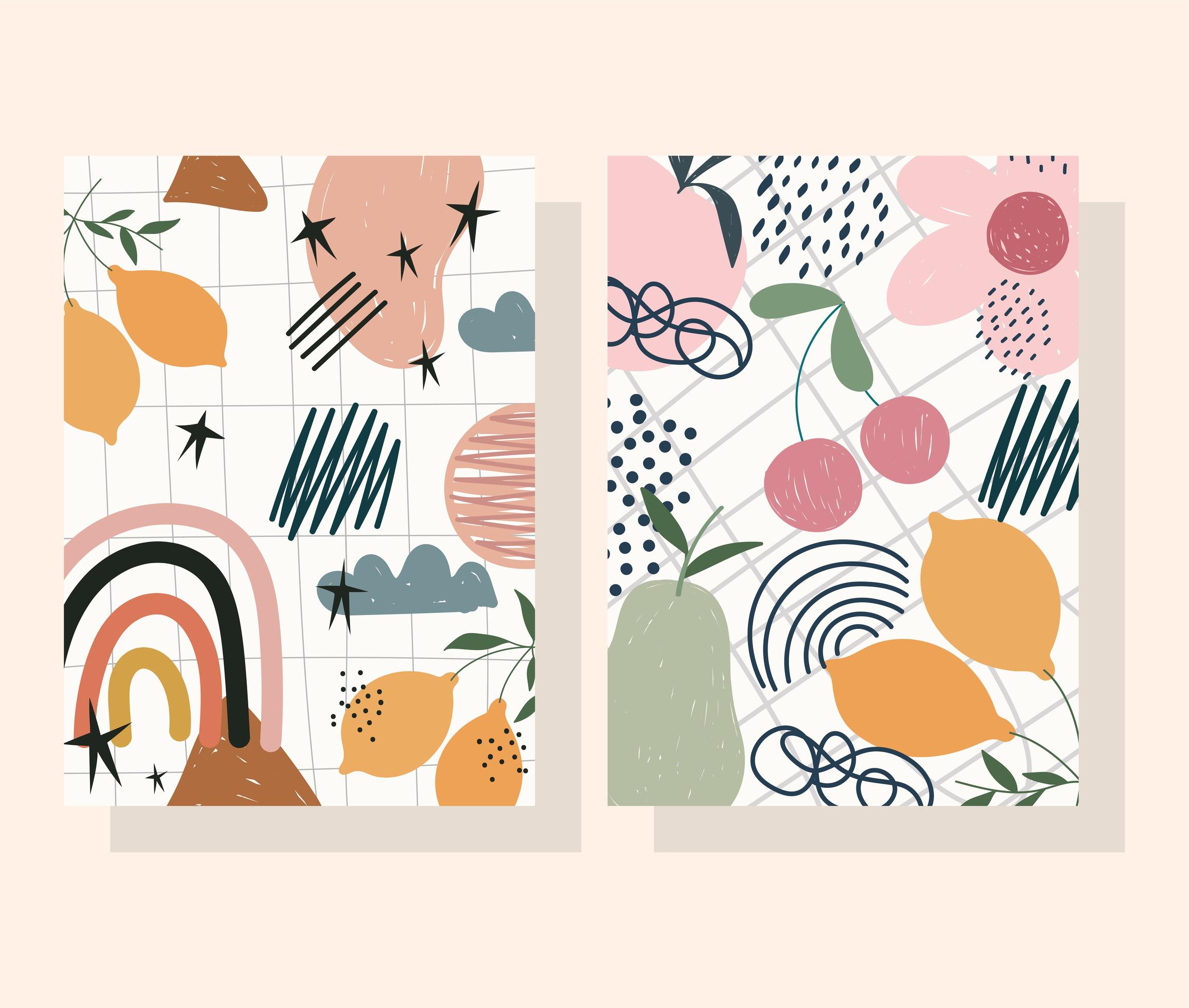 Contemporary flower, fruits and abstract shapes banner and card set Stock Free