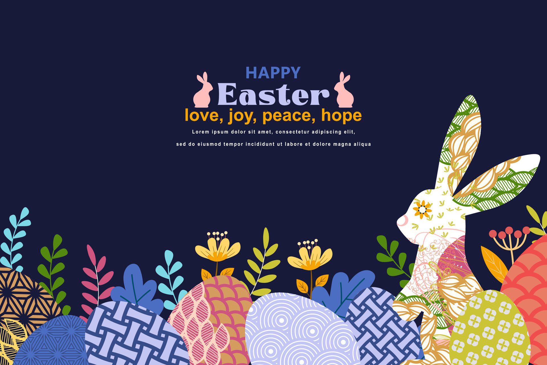 
									Happy Easter banner with frame made of eggs bunnies and spring flowers in flat style Free Vector