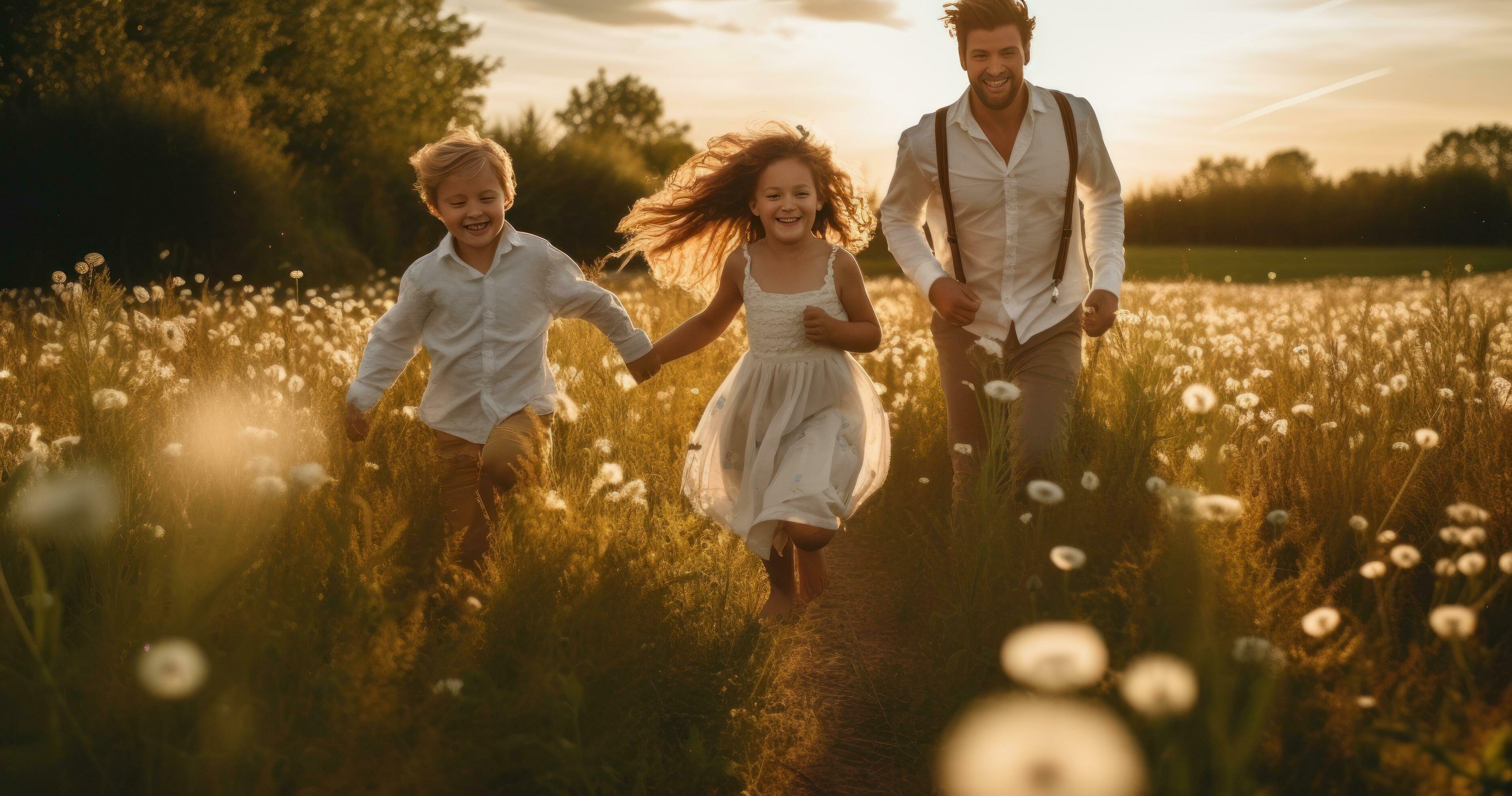 Happy family in running in summer field Stock Free