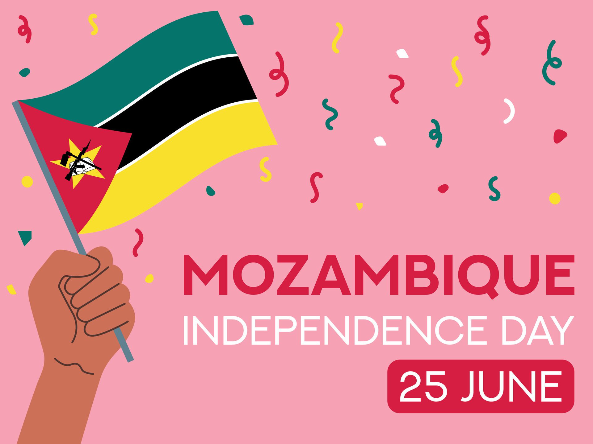 Mozambique independence day 25 June. Mozambique flag in hand. Greeting card, poster, banner template Free Vector